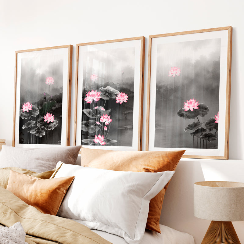 Elegant Japanese Floral Art Featuring Delicate Botanical Branches- Natural Wood Framed Poster with White Border - Artworksets