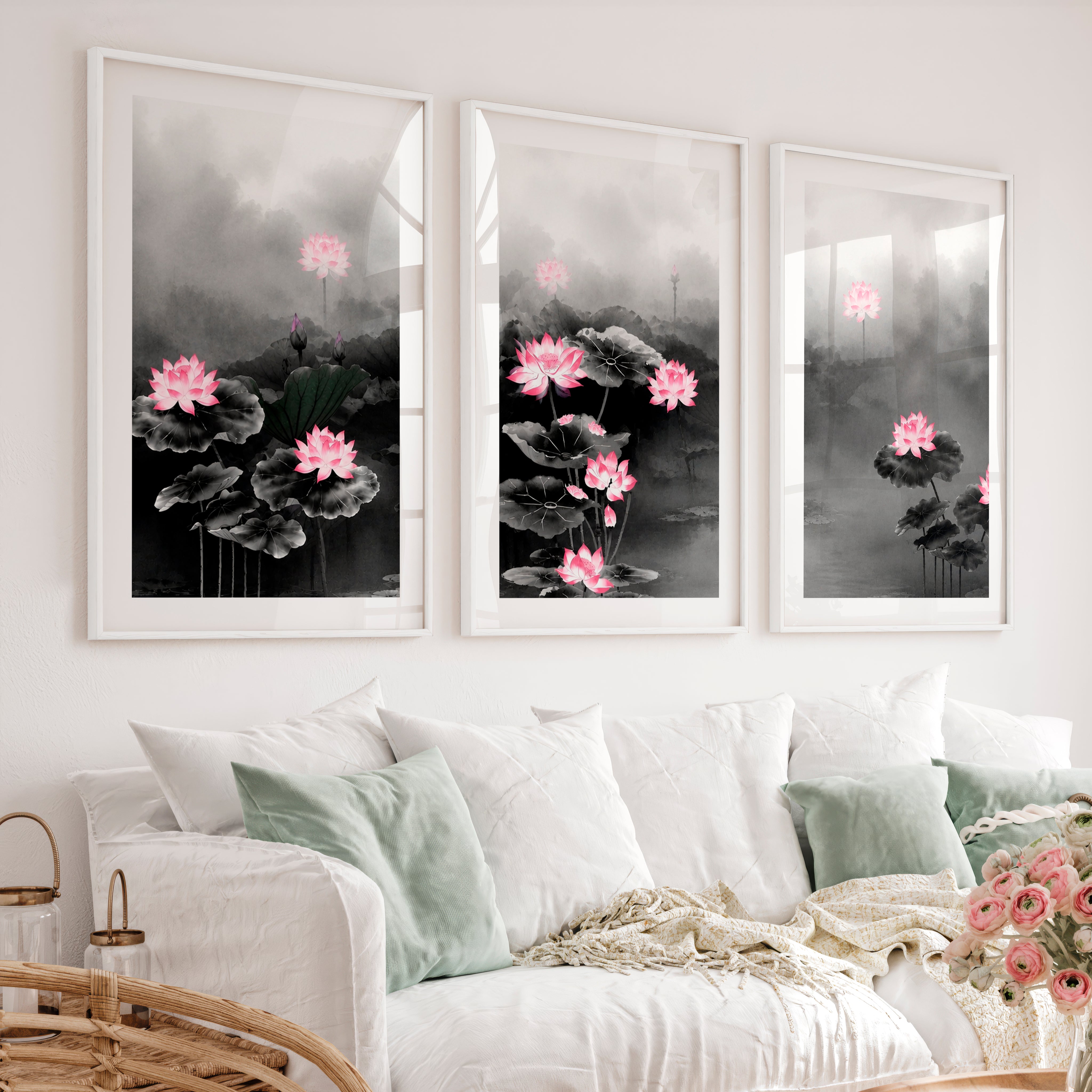 Elegant Japanese Floral Art Featuring Delicate Botanical Branches - White Framed Poster with White Border - Artworksets