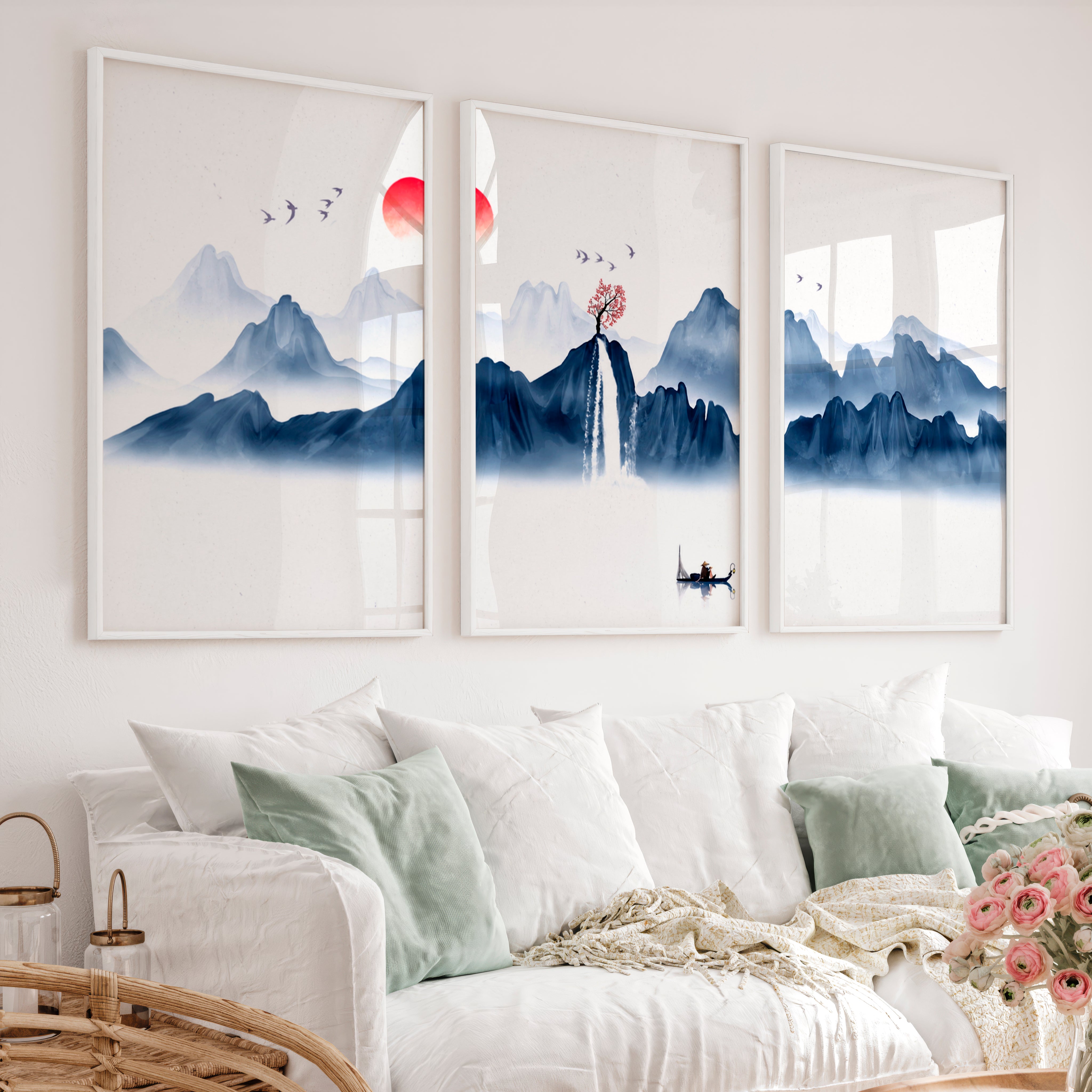 Japanese Floral Art Featuring Red Berry Branches - White Framed Poster No Border - Artworksets