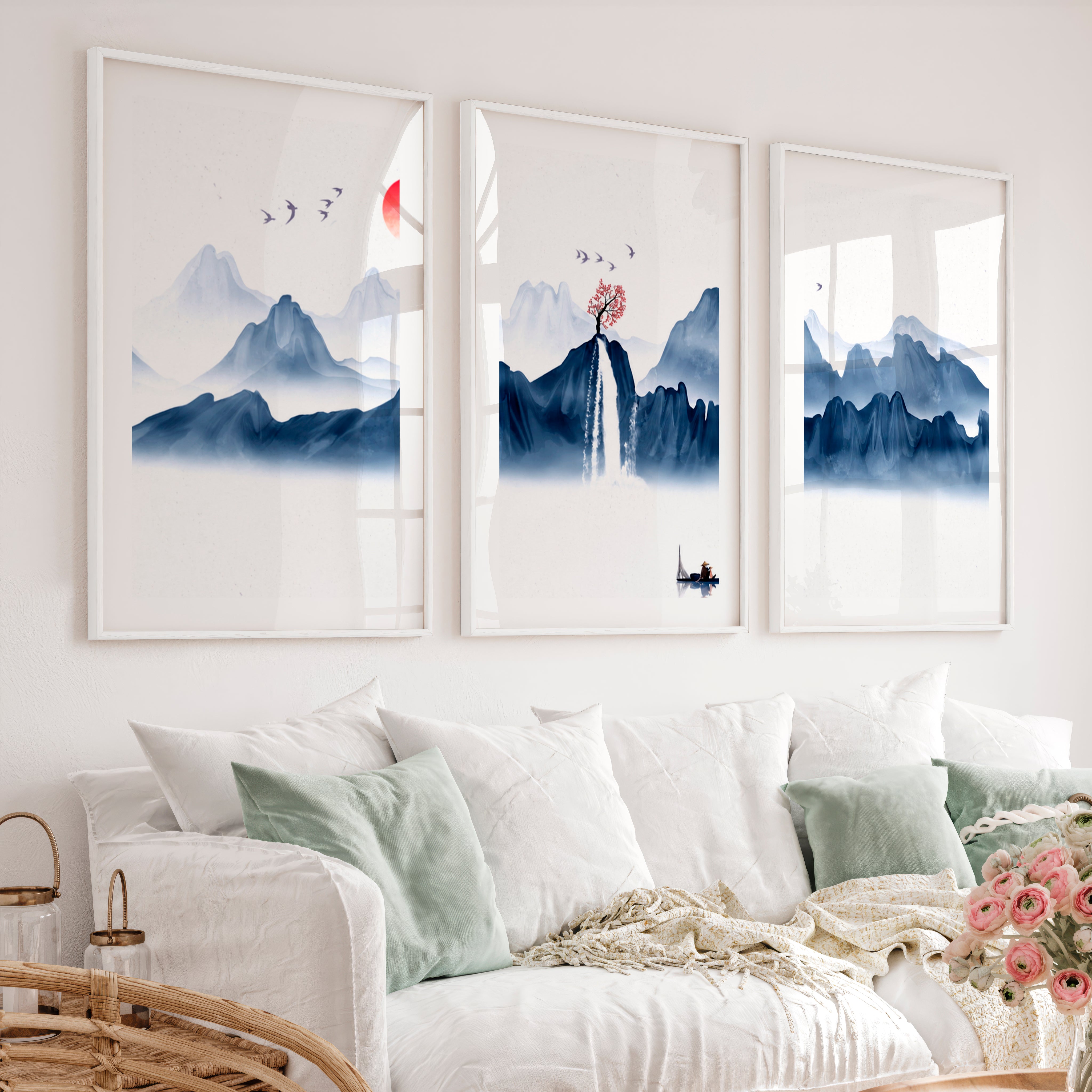Japanese Floral Art Featuring Red Berry Branches - White Framed Poster with White Border - Artworksets