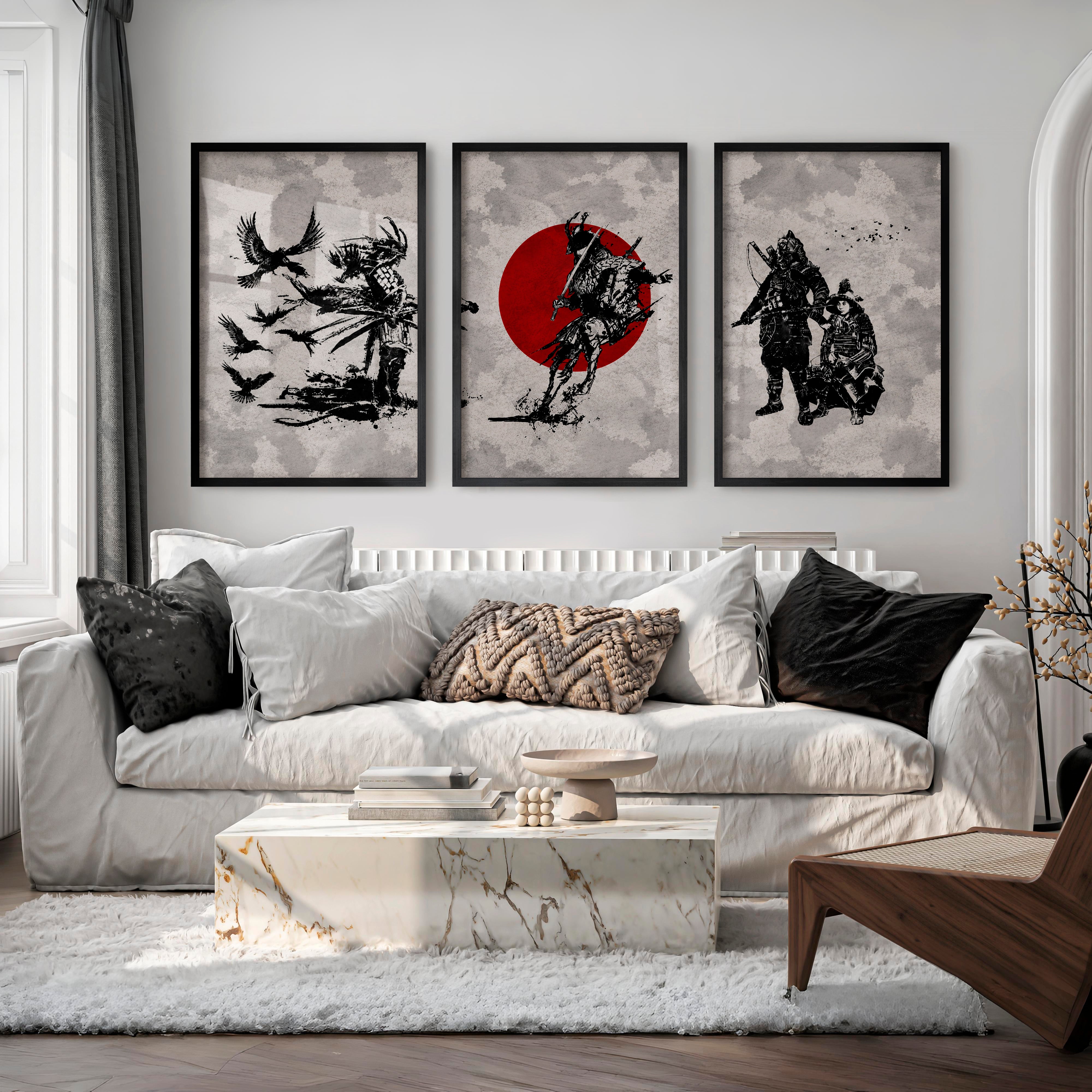 Japanese Floral Art Featuring Ocean Waves and Boat Scene - Black Framed Poster No Border - Artworksets