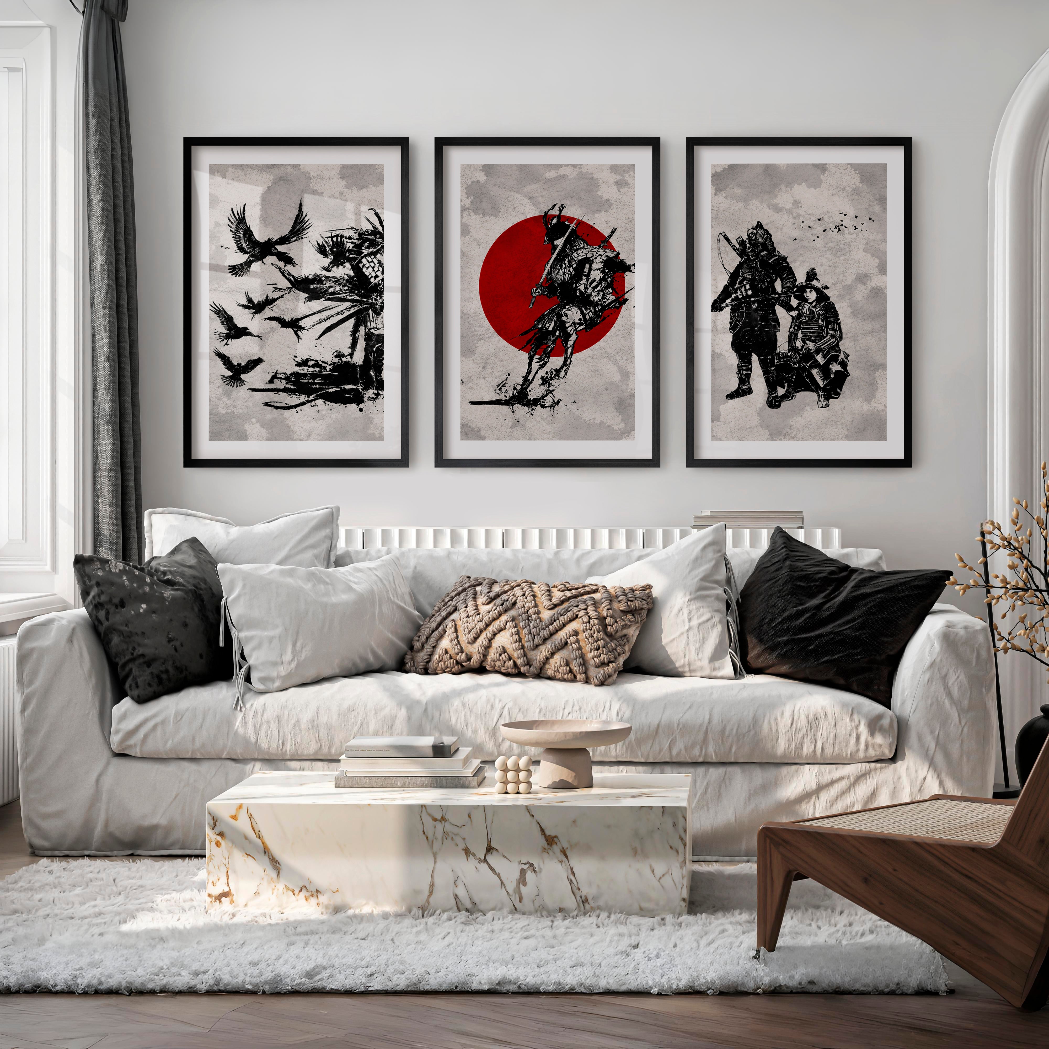 Japanese Floral Art Featuring Ocean Waves and Boat Scene - Black Framed Poster with White Border - Artworksets