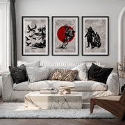 Japanese Floral Art Featuring Ocean Waves and Boat Scene - Black Framed Poster with White Border - Artworksets
