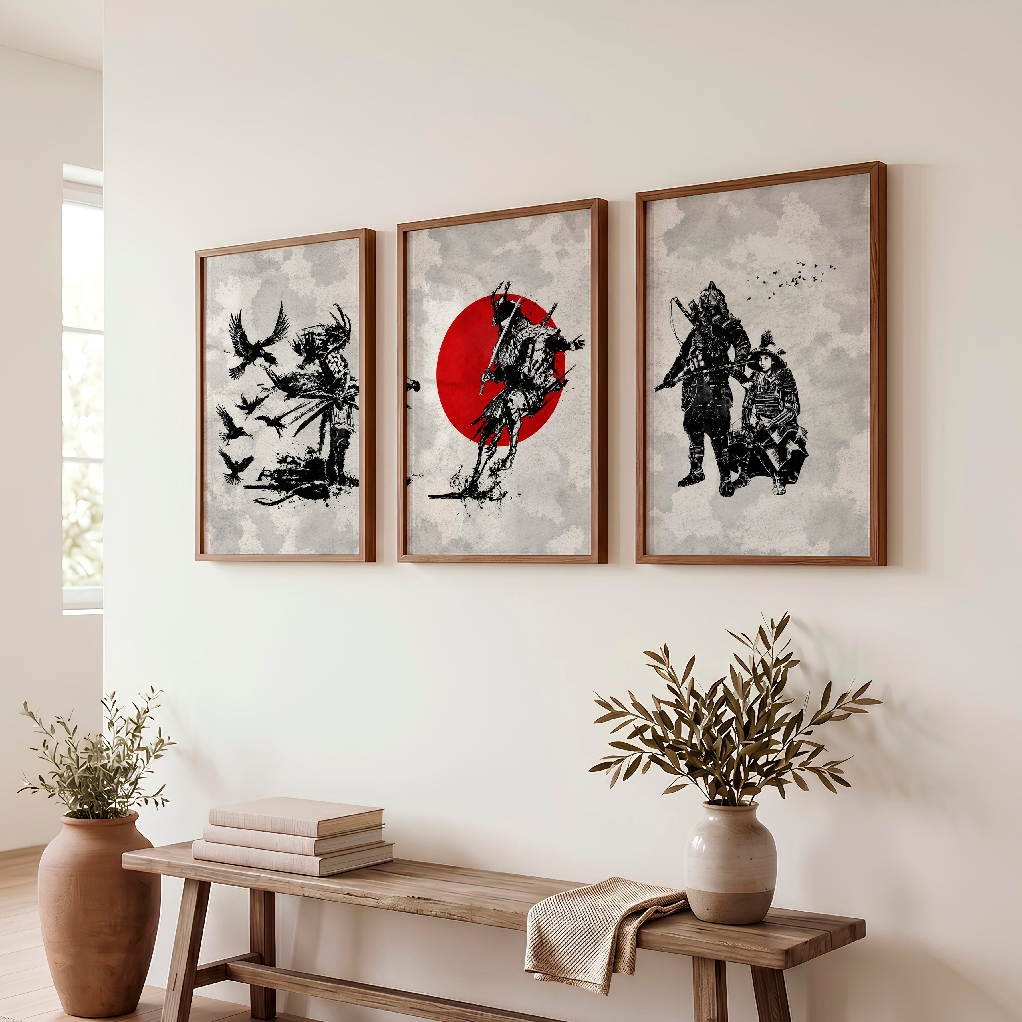 Japanese Floral Art Featuring Ocean Waves and Boat Scene - Dark Brown Framed Poster No Border - Artworksets