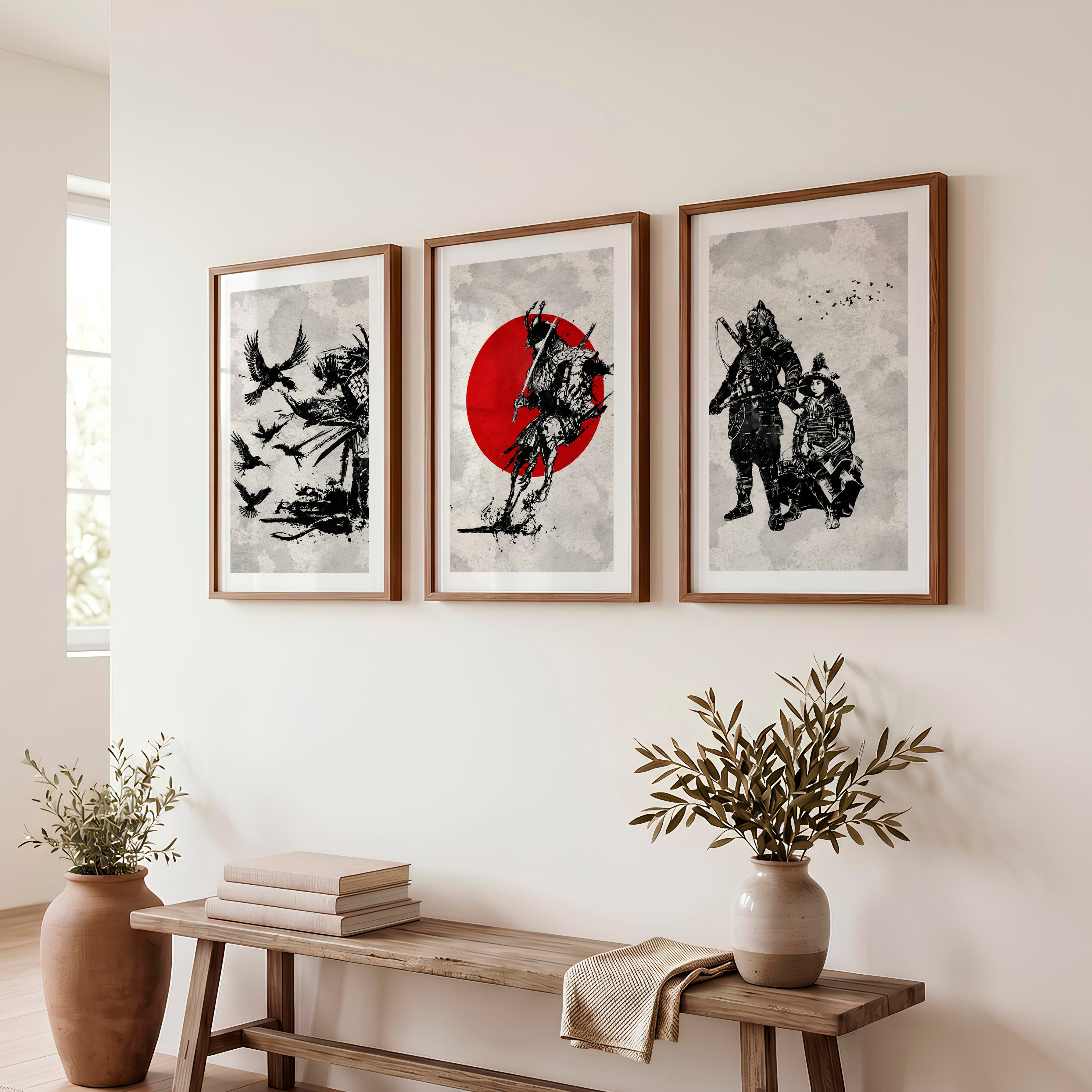 Japanese Floral Art Featuring Ocean Waves and Boat Scene - Dark Brown Framed Poster with White Border - Artworksets