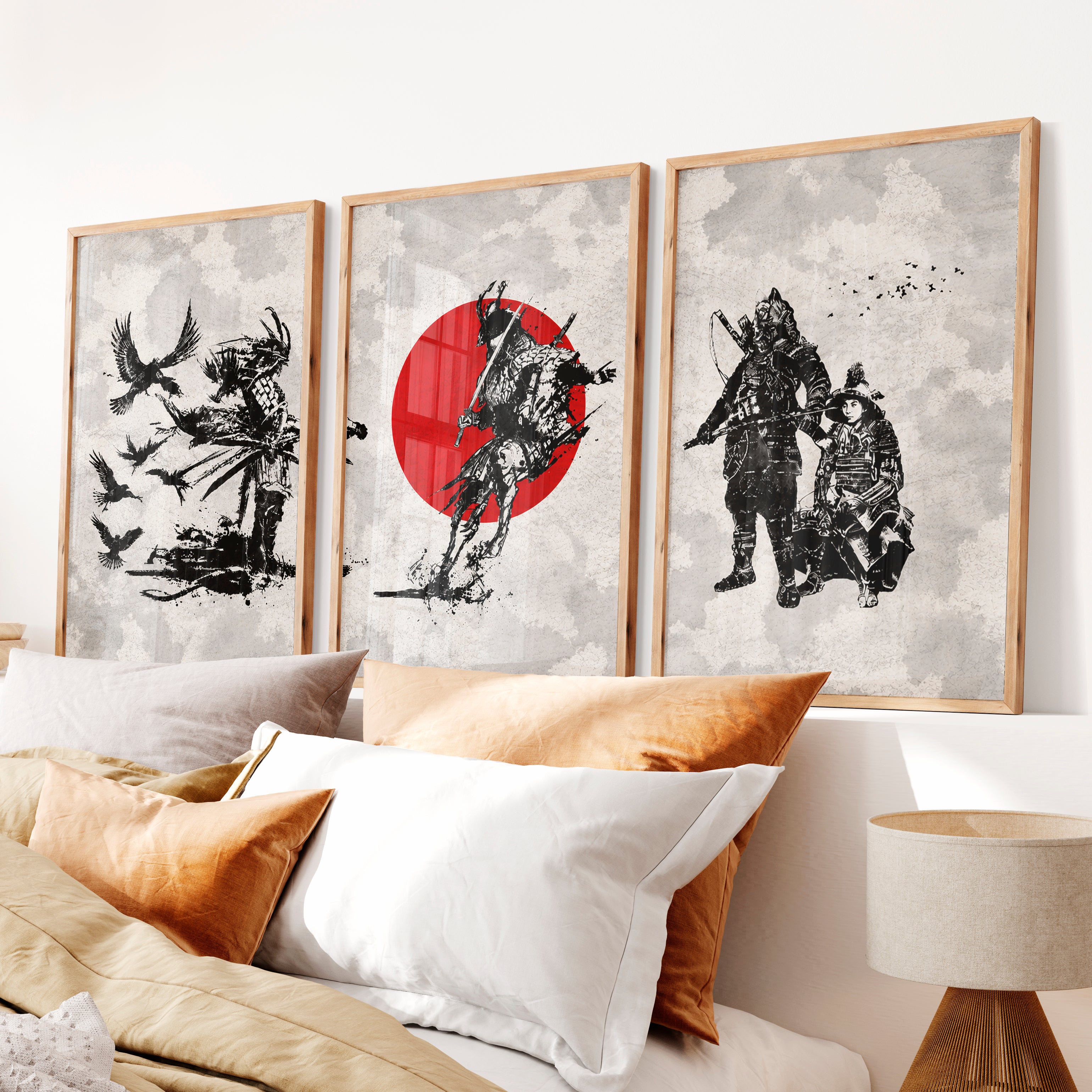 Japanese Floral Art Featuring Ocean Waves and Boat Scene - Natural Wood Framed Poster No Border - Artworksets