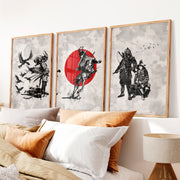 Japanese Floral Art Featuring Ocean Waves and Boat Scene - Natural Wood Framed Poster No Border - Artworksets