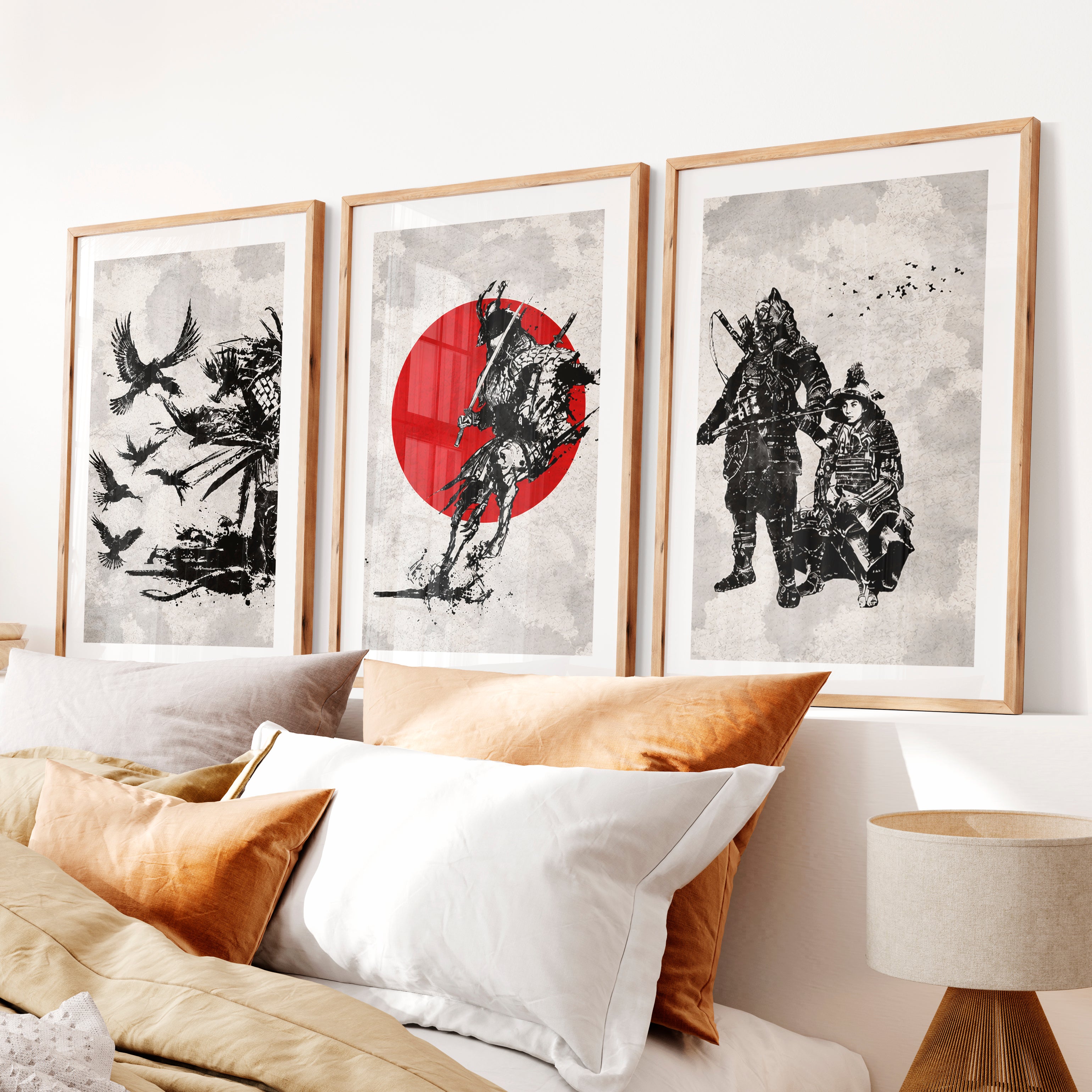 Japanese Floral Art Featuring Ocean Waves and Boat Scene- Natural Wood Framed Poster with White Border - Artworksets