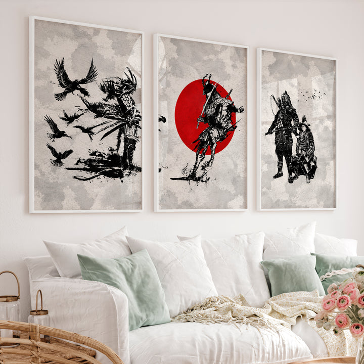 Japanese Floral Art Featuring Ocean Waves and Boat Scene - White Framed Poster No Border - Artworksets