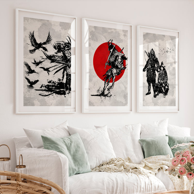 Japanese Floral Art Featuring Ocean Waves and Boat Scene - White Framed Poster with White Border - Artworksets