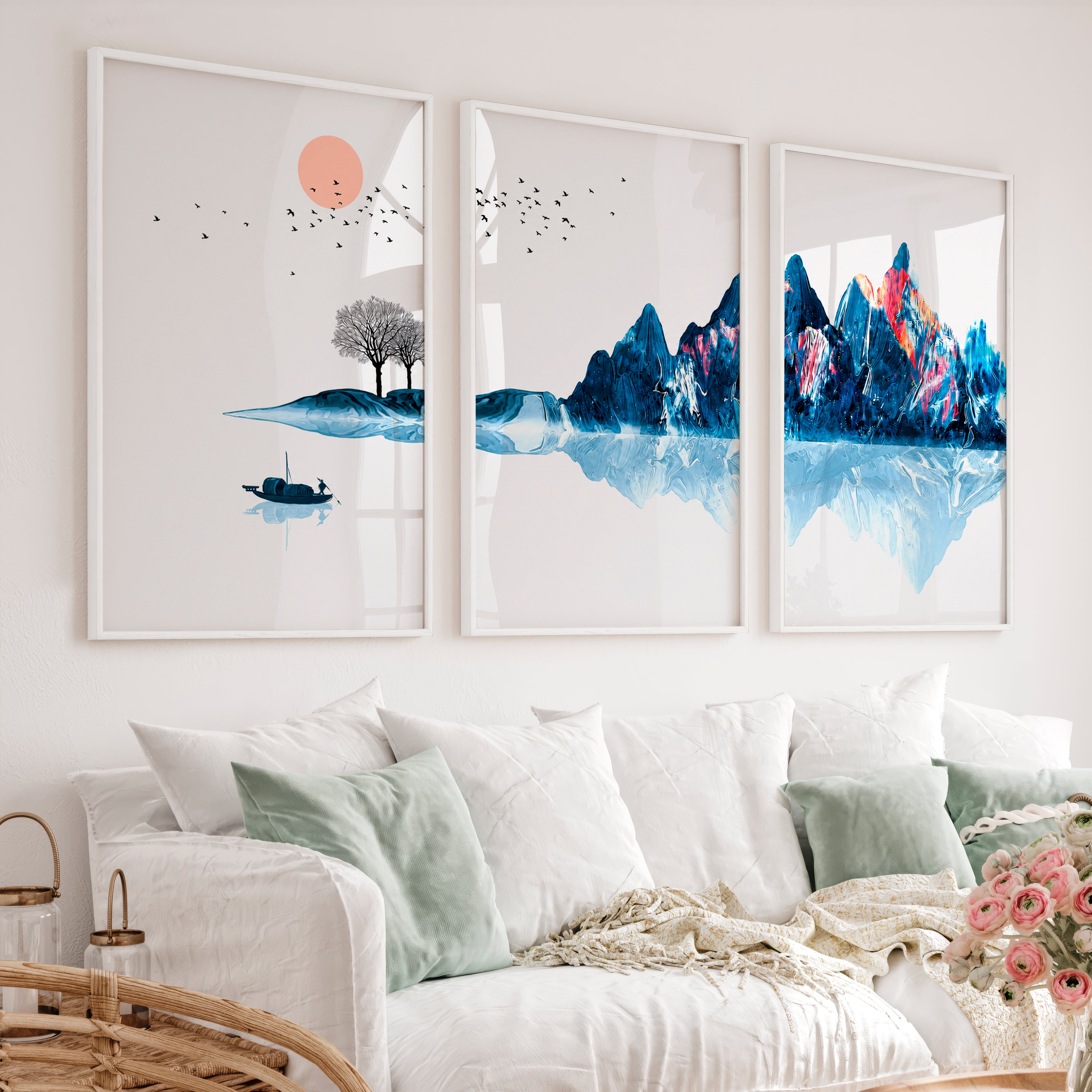 Japanese Floral Art Featuring Delicate White Blossoms on Branches - White Framed Poster No Border - Artworksets