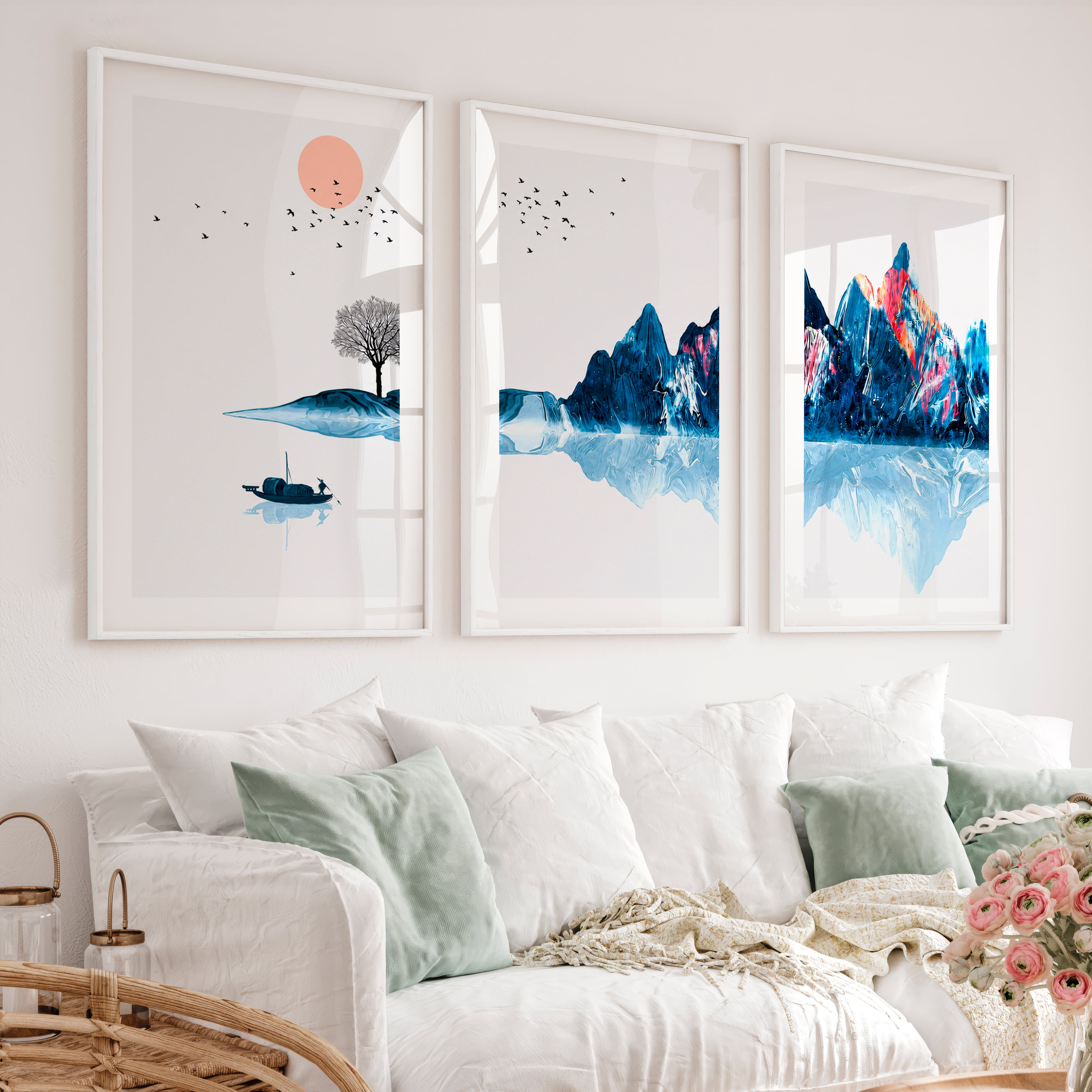 Japanese Floral Art Featuring Delicate White Blossoms on Branches - White Framed Poster with White Border - Artworksets