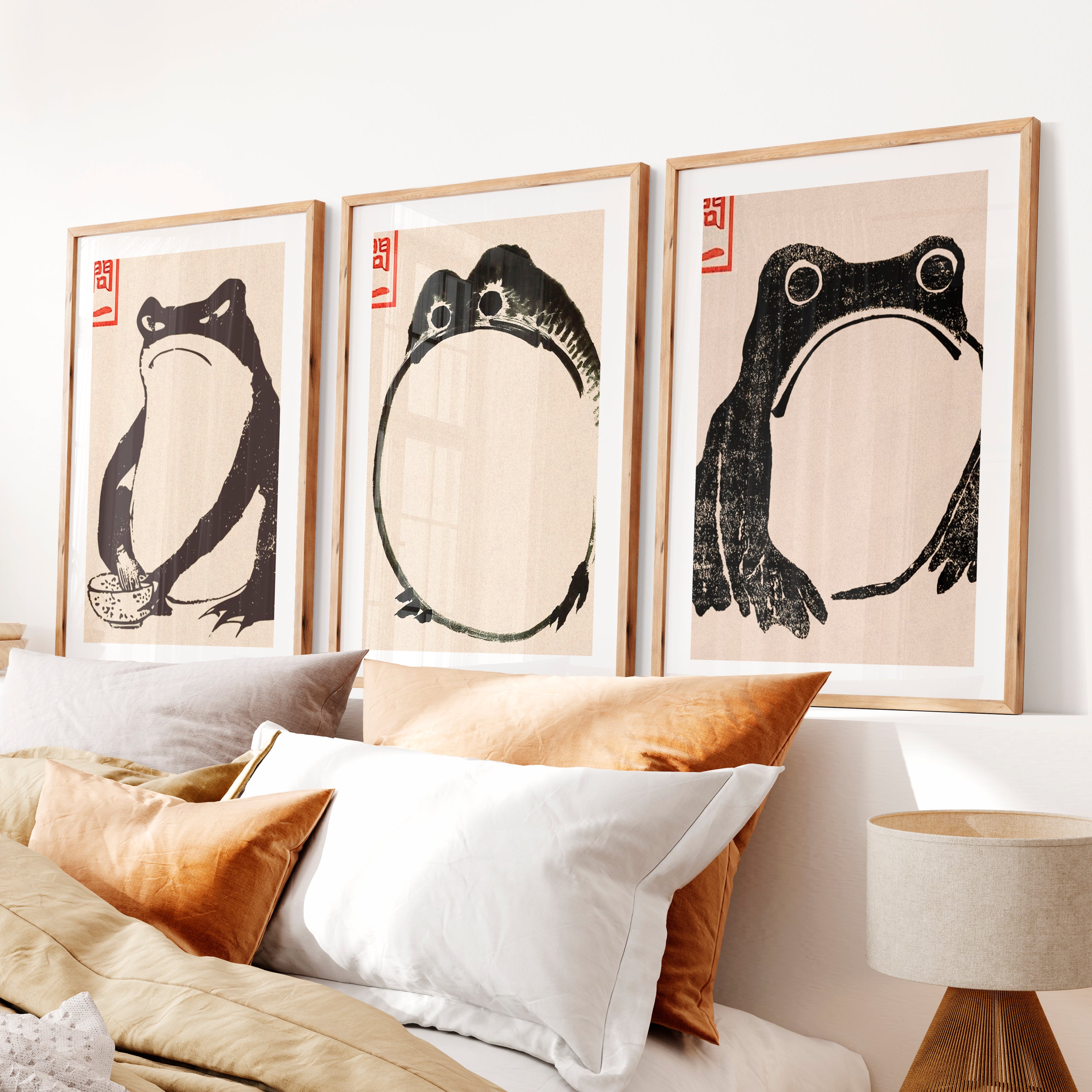 Ink Frog japanese frog poster Set- Natural Wood Framed Poster with White Border - Artworksets