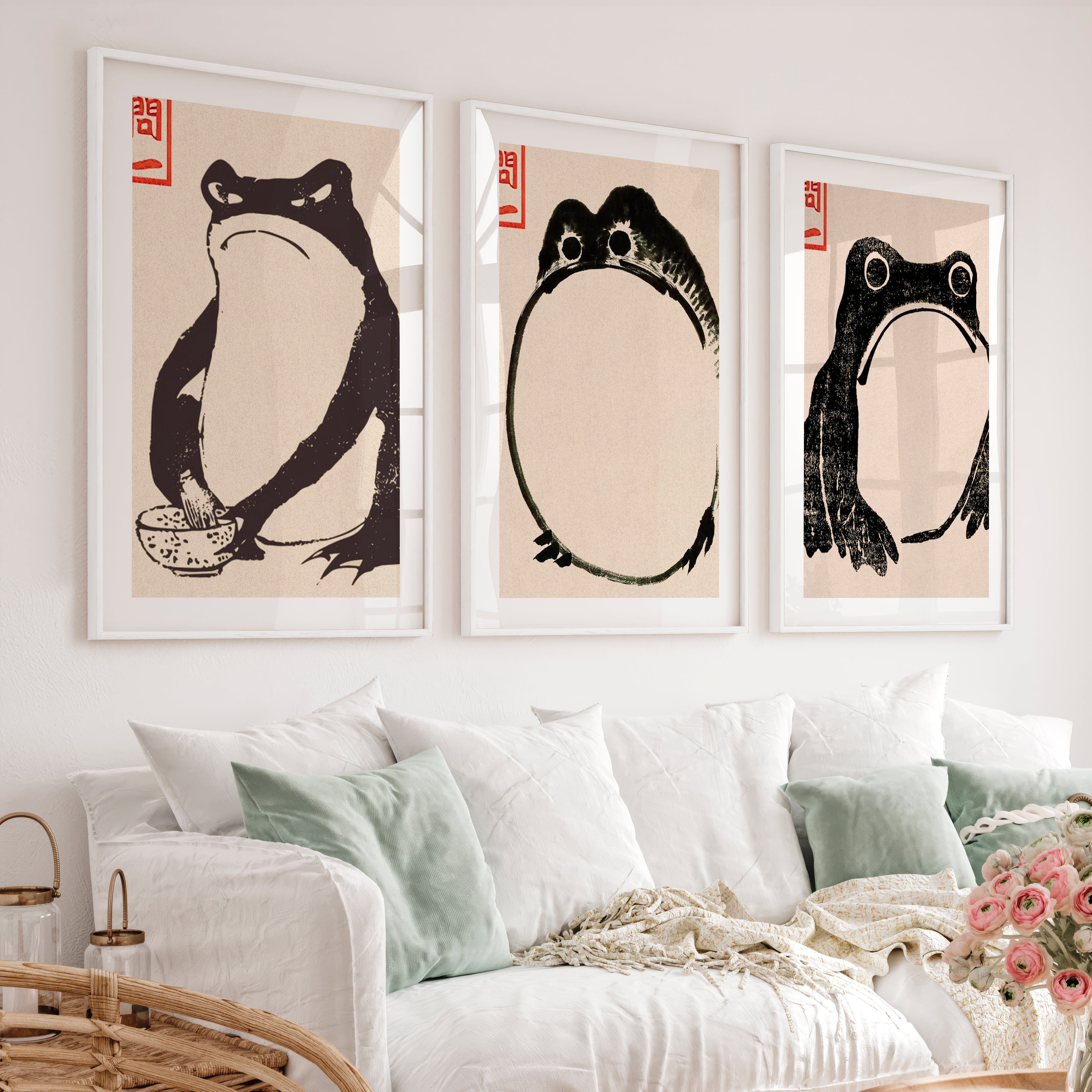 Ink Frog japanese frog poster Set - White Framed Poster with White Border - Artworksets