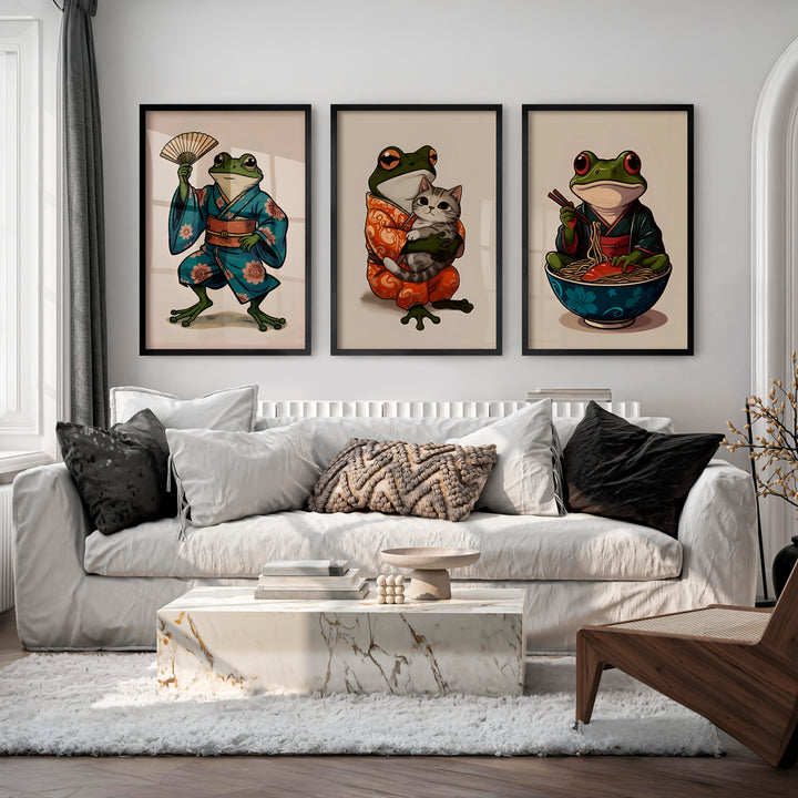 Kimono Frog japanese frog print with Cat and Ramen - Black Framed Poster No Border - Artworksets