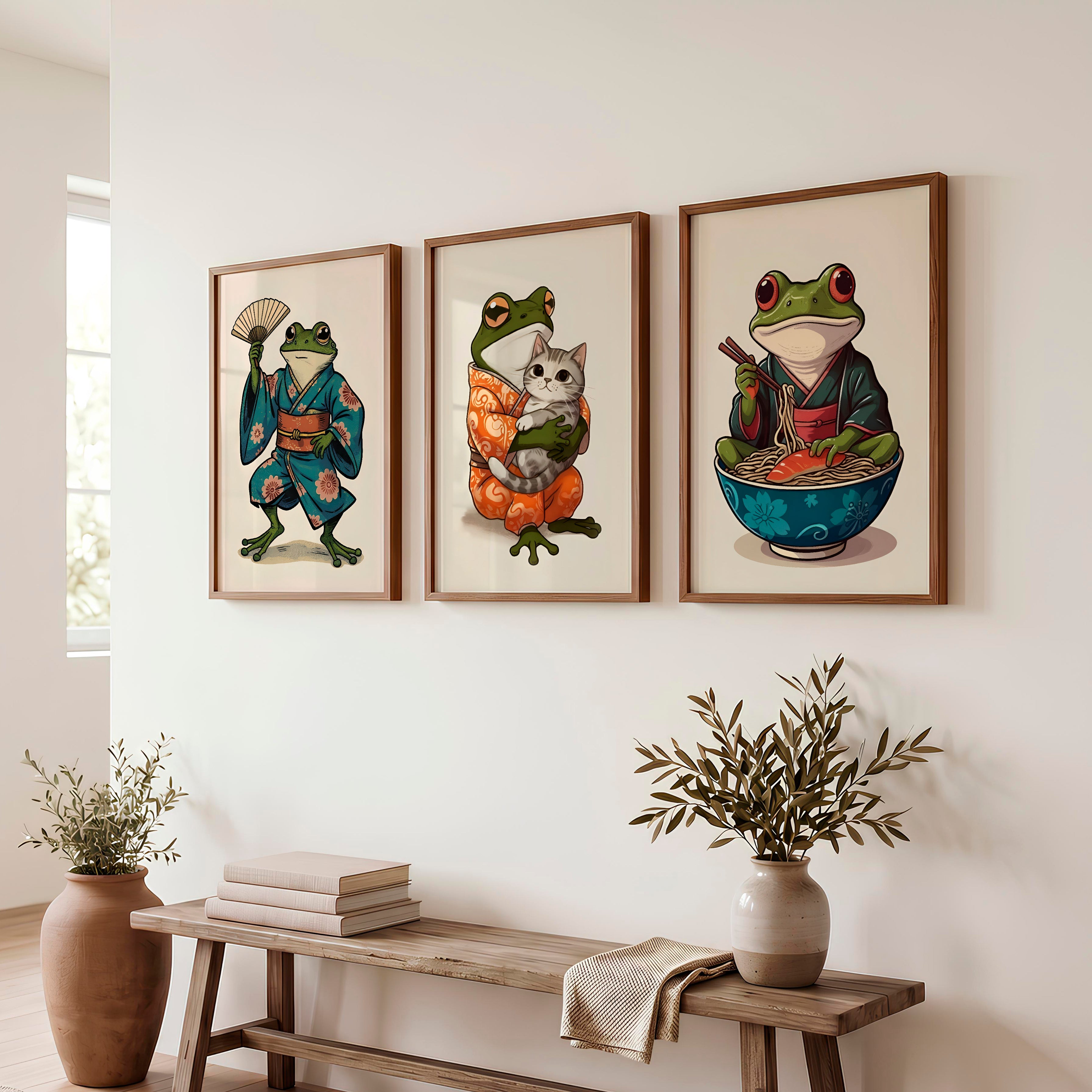 Kimono Frog japanese frog print with Cat and Ramen - Dark Brown Framed Poster No Border - Artworksets