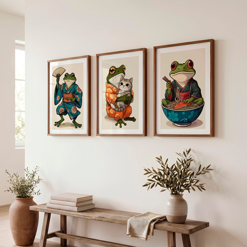 Kimono Frog japanese frog print with Cat and Ramen - Dark Brown Framed Poster with White Border - Artworksets