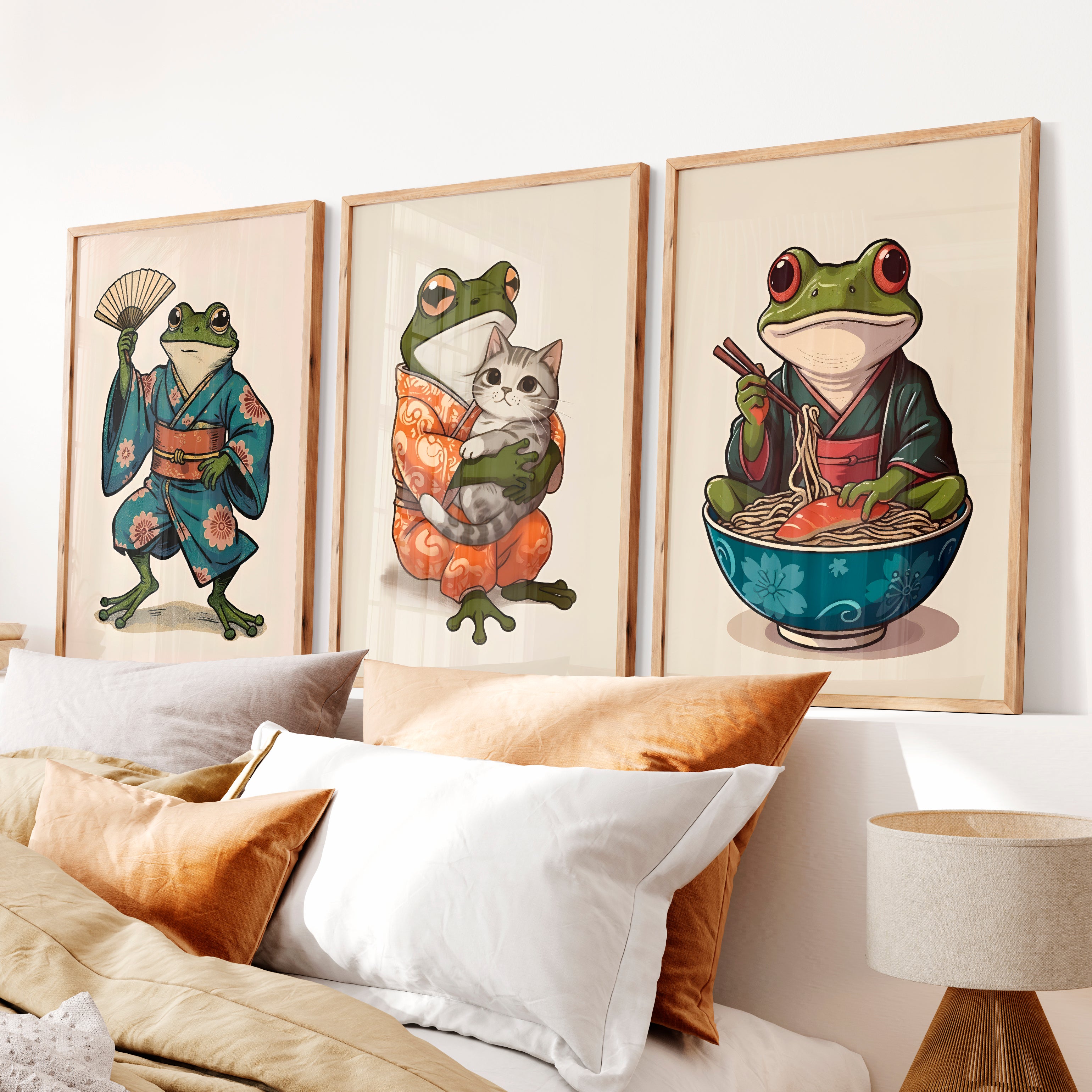 Kimono Frog japanese frog print with Cat and Ramen - Natural Wood Framed Poster No Border - Artworksets