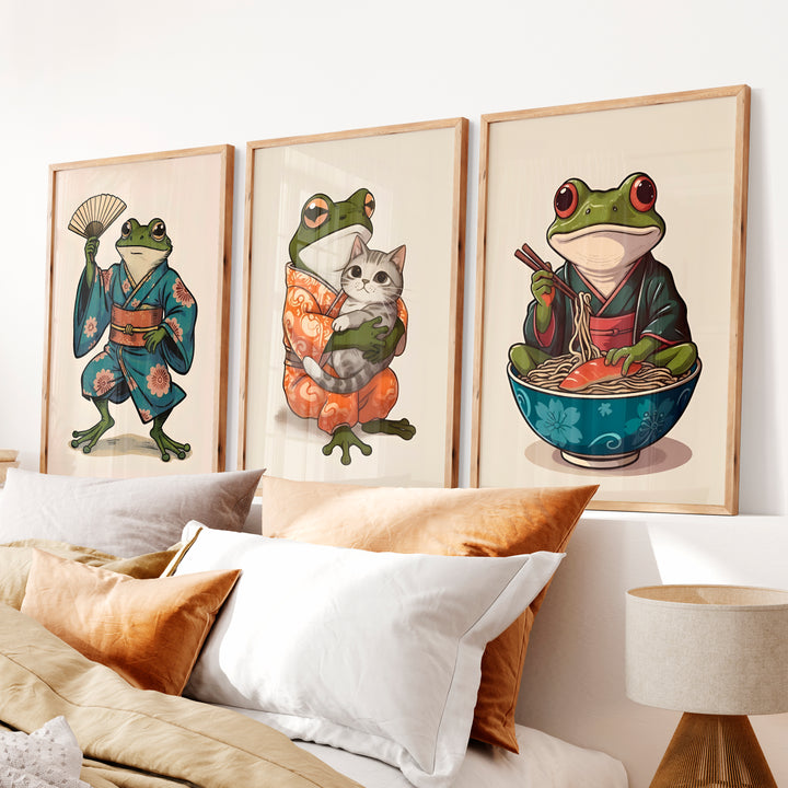 Kimono Frog japanese frog print with Cat and Ramen - Natural Wood Framed Poster No Border - Artworksets