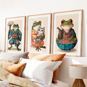 Kimono Frog japanese frog print with Cat and Ramen- Natural Wood Framed Poster with White Border - Artworksets