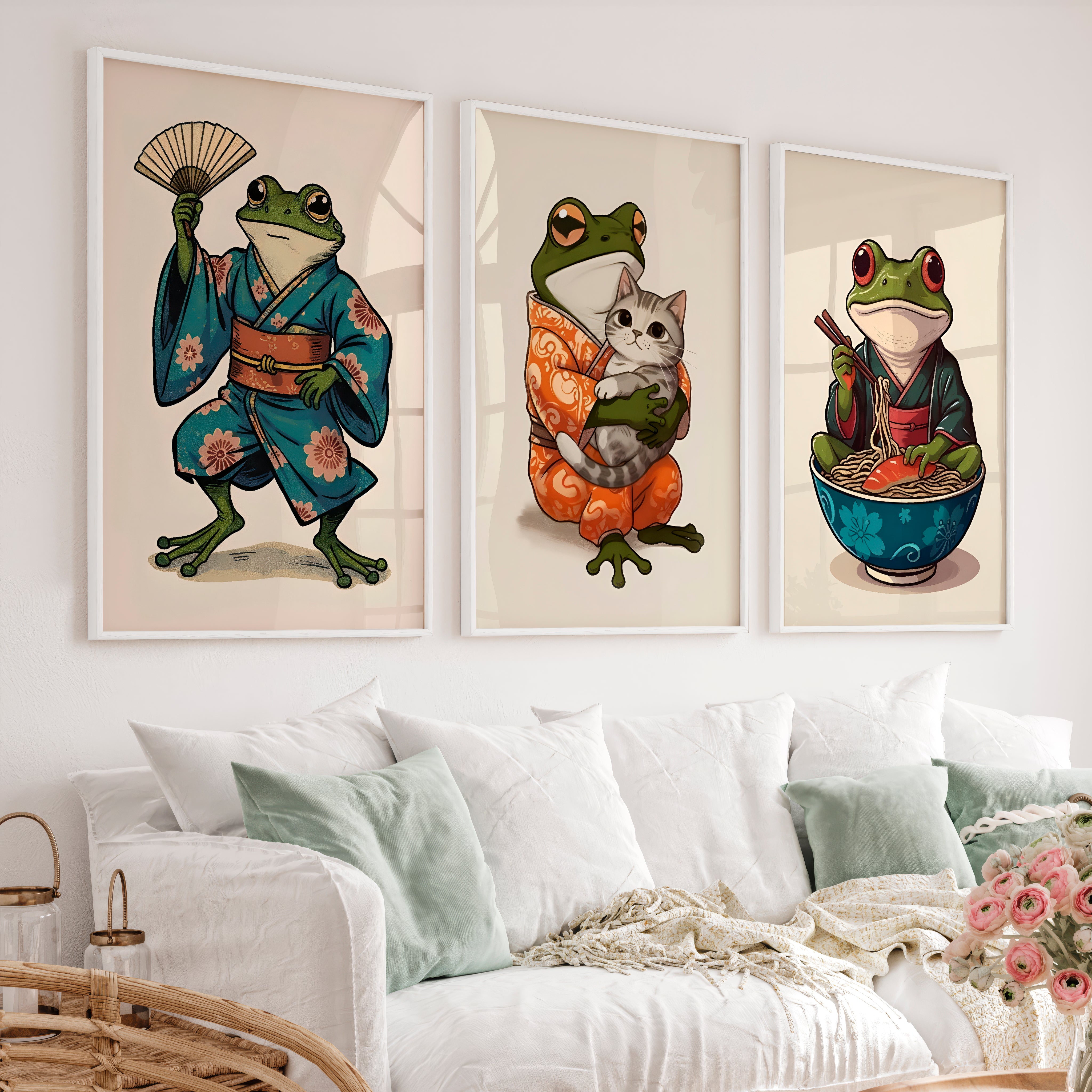 Kimono Frog japanese frog print with Cat and Ramen - White Framed Poster No Border - Artworksets