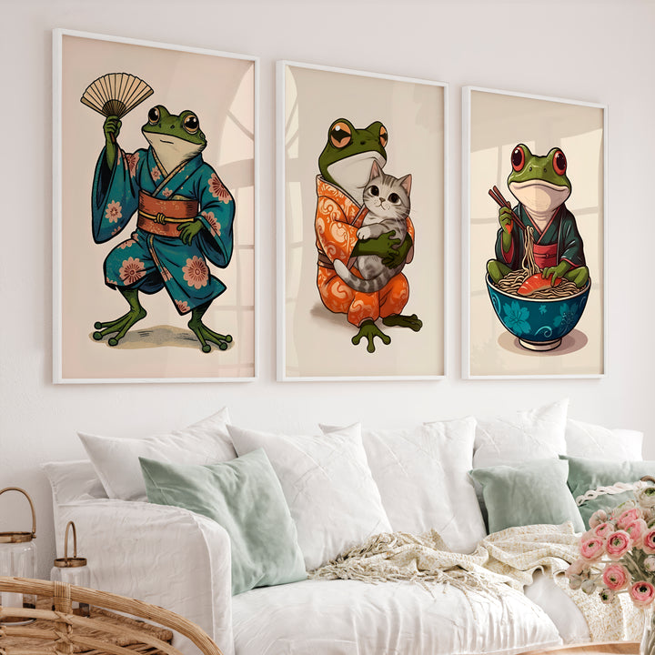 Kimono Frog japanese frog print with Cat and Ramen - White Framed Poster No Border - Artworksets
