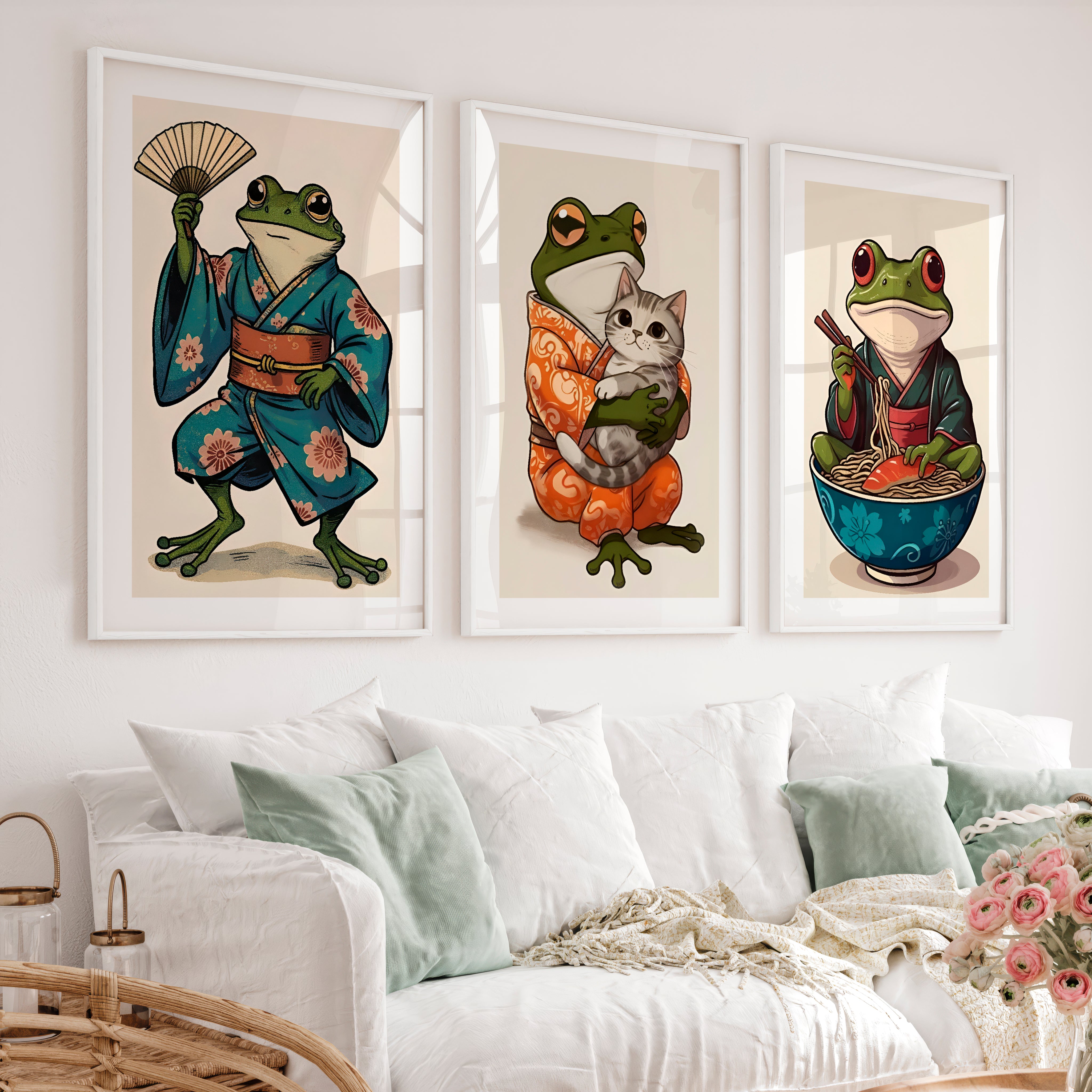 Kimono Frog japanese frog print with Cat and Ramen - White Framed Poster with White Border - Artworksets