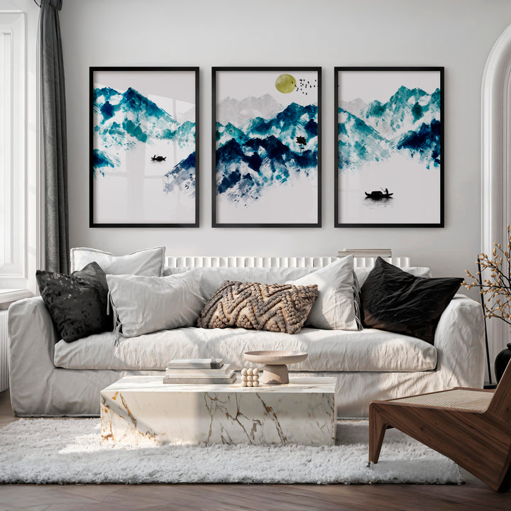 Japanese Koi Art Prints Featuring Koi Fish in Blue Ink - Black Framed Poster No Border - Artworksets