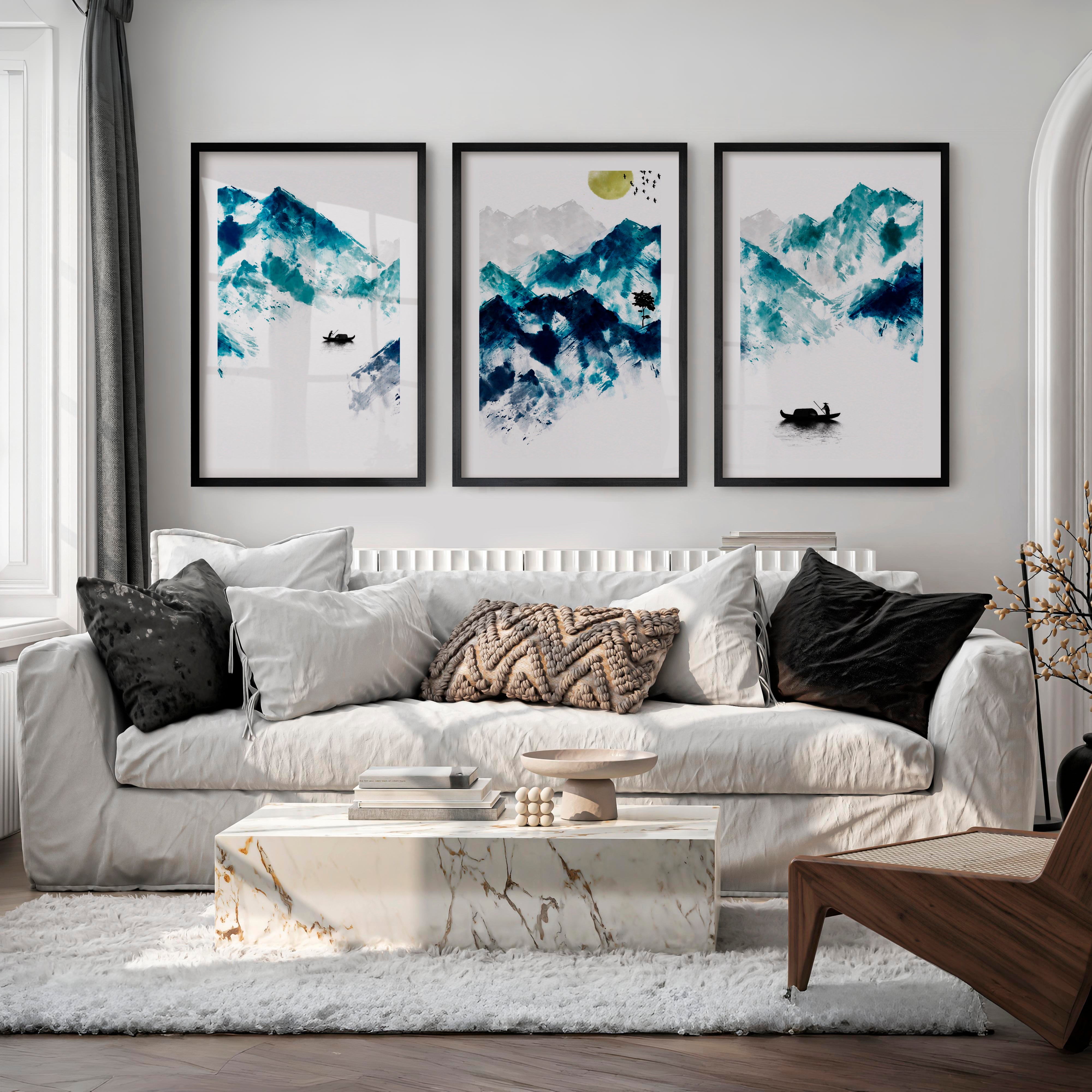 Japanese Koi Art Prints Featuring Koi Fish in Blue Ink - Black Framed Poster with White Border - Artworksets