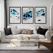 Japanese Koi Art Prints Featuring Koi Fish in Blue Ink - Black Framed Poster with White Border - Artworksets