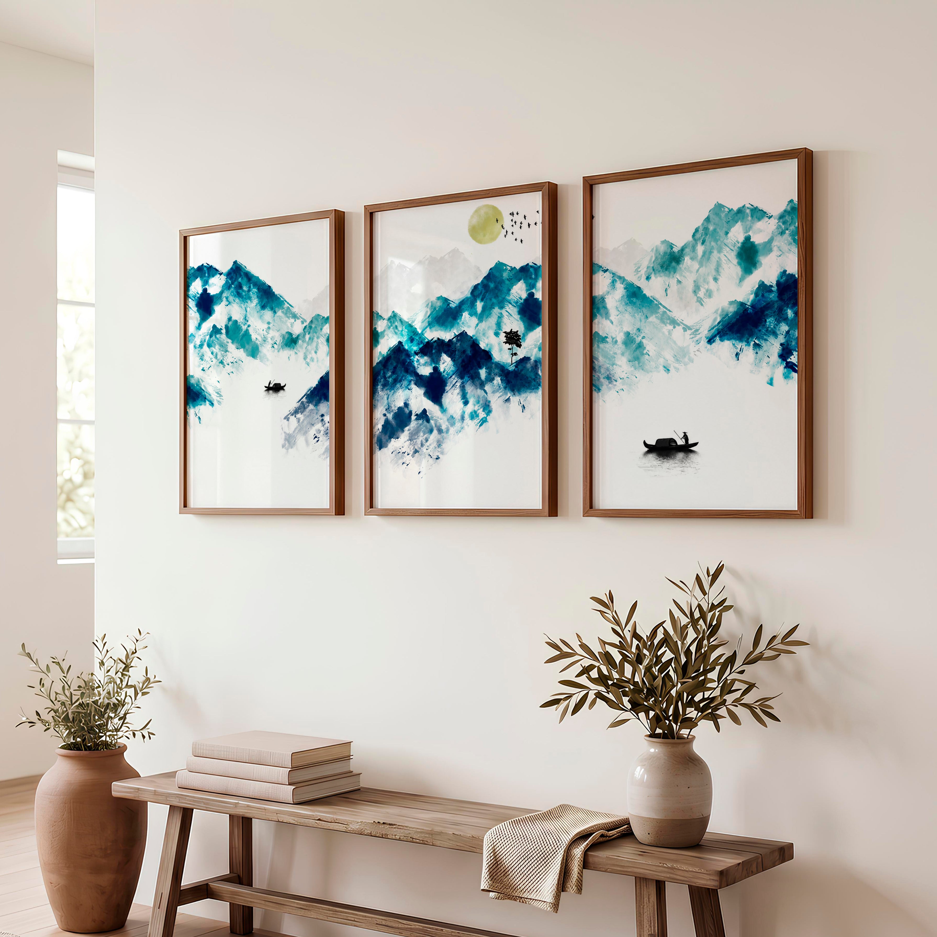 Japanese Koi Art Prints Featuring Koi Fish in Blue Ink - Dark Brown Framed Poster No Border - Artworksets