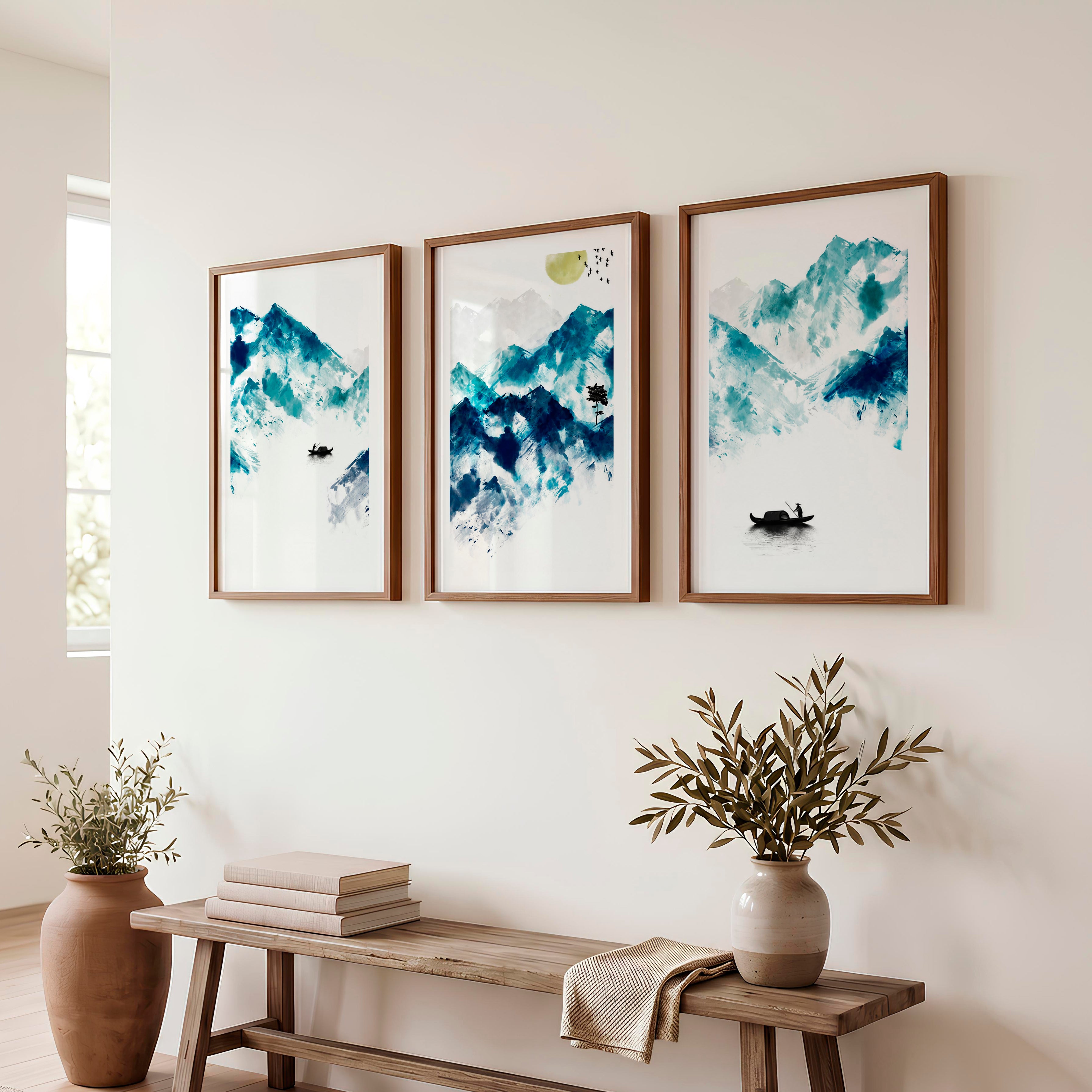 Japanese Koi Art Prints Featuring Koi Fish in Blue Ink - Dark Brown Framed Poster with White Border - Artworksets