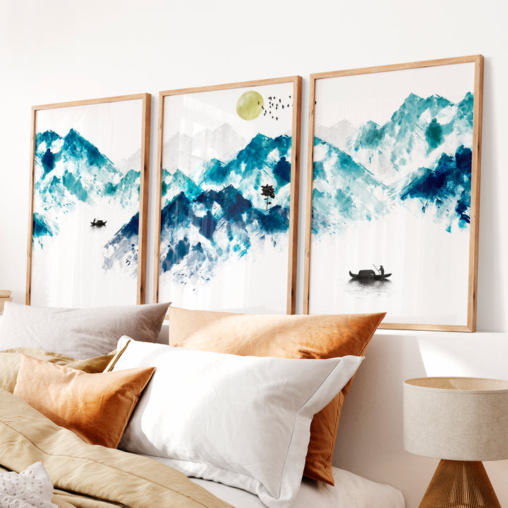 Japanese Koi Art Prints Featuring Koi Fish in Blue Ink - Natural Wood Framed Poster No Border - Artworksets