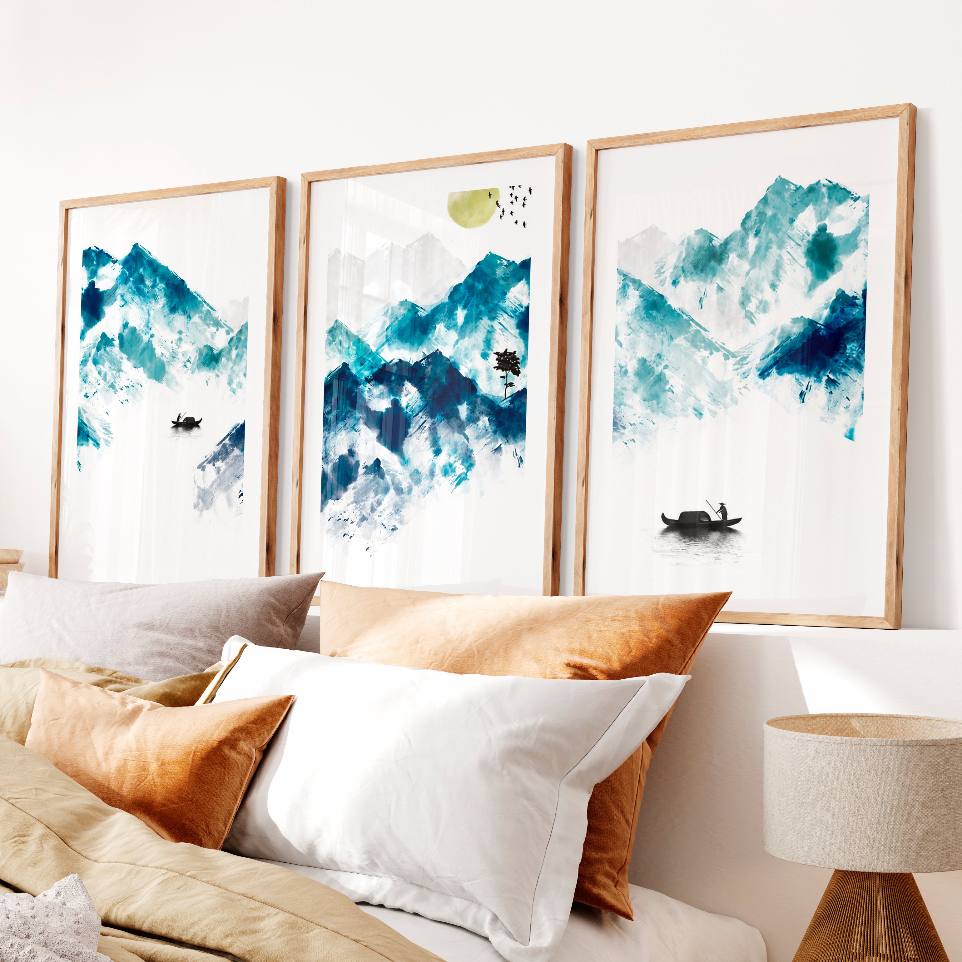 Japanese Koi Art Prints Featuring Koi Fish in Blue Ink- Natural Wood Framed Poster with White Border - Artworksets