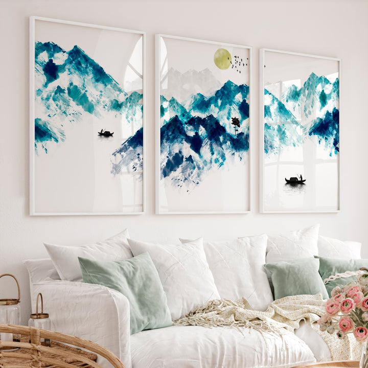 Japanese Koi Art Prints Featuring Koi Fish in Blue Ink - White Framed Poster No Border - Artworksets