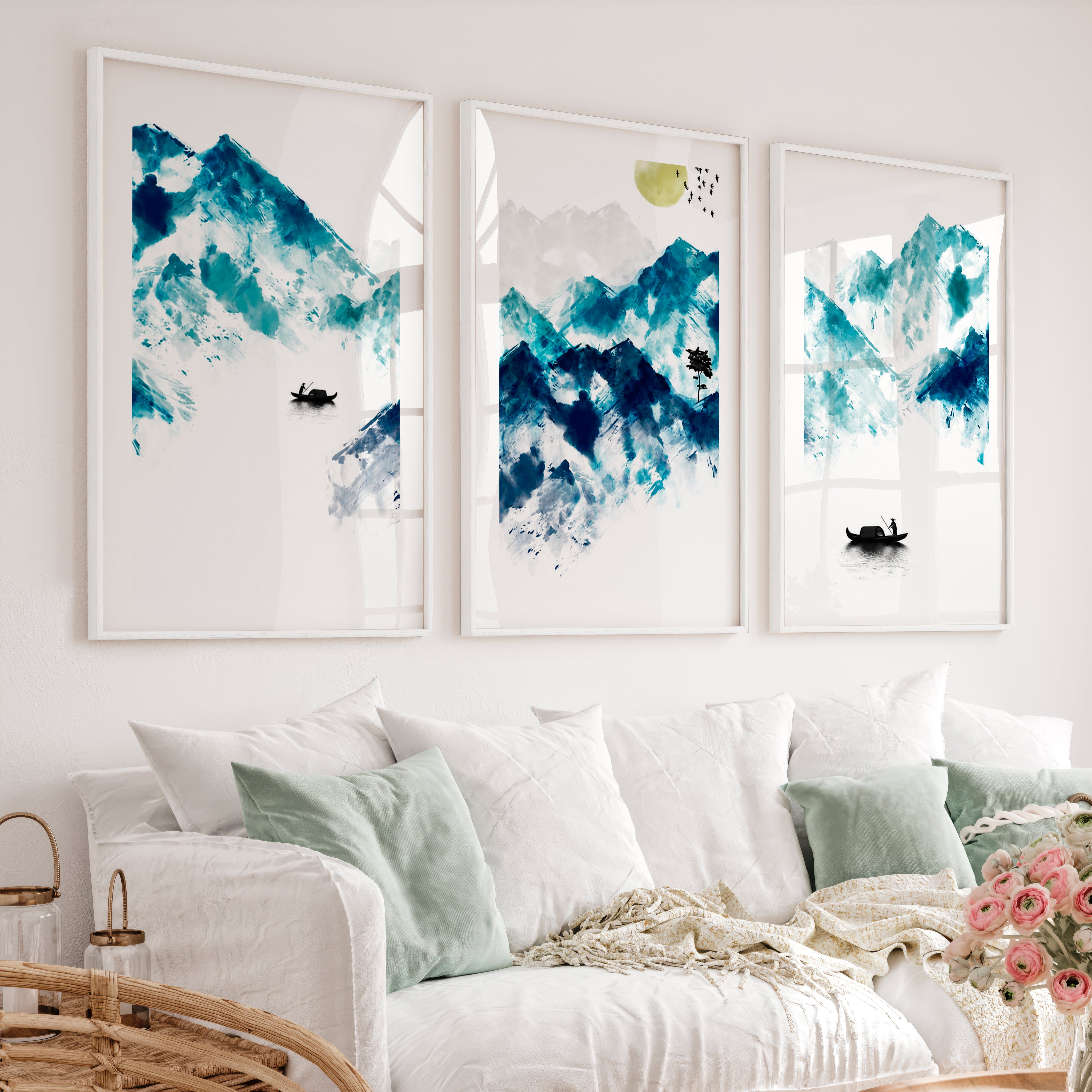 Japanese Koi Art Prints Featuring Koi Fish in Blue Ink - White Framed Poster with White Border - Artworksets