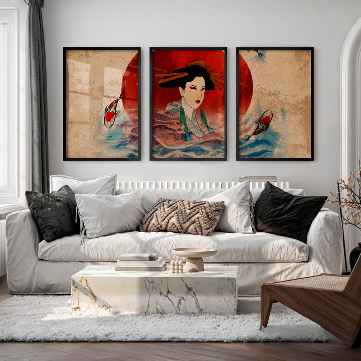 Elegant Japanese Koi Art Prints Featuring Koi Fish and Pagoda - Black Framed Poster No Border - Artworksets