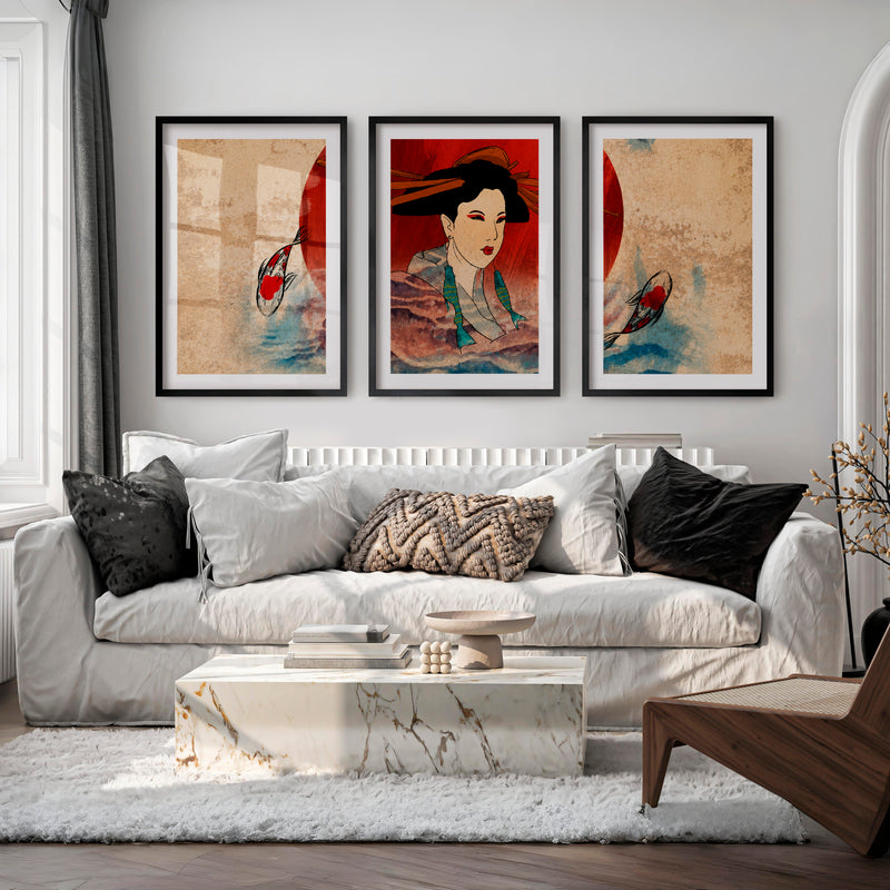 Elegant Japanese Koi Art Prints Featuring Koi Fish and Pagoda - Black Framed Poster with White Border - Artworksets