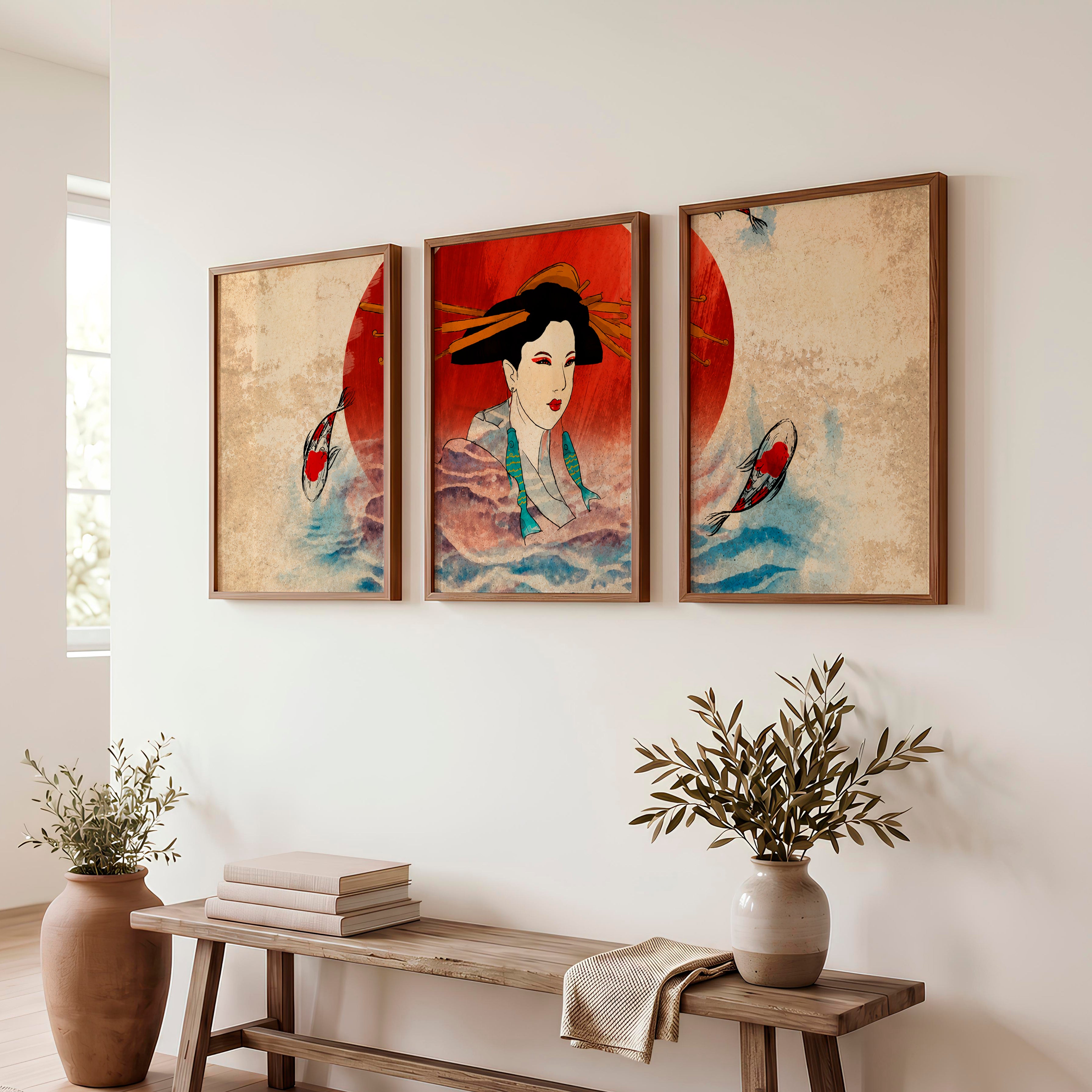 Elegant Japanese Koi Art Prints Featuring Koi Fish and Pagoda - Dark Brown Framed Poster No Border - Artworksets