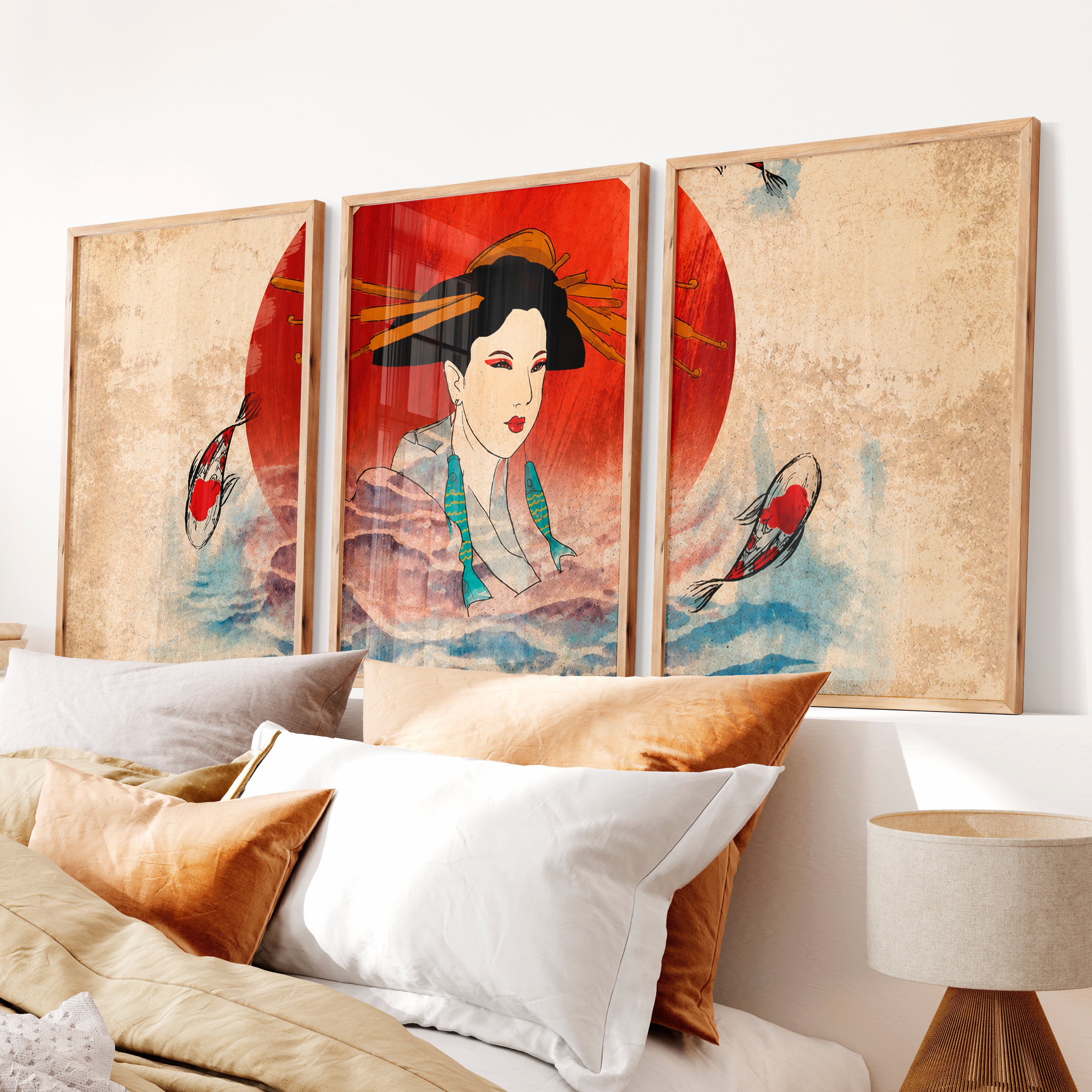 Elegant Japanese Koi Art Prints Featuring Koi Fish and Pagoda - Natural Wood Framed Poster No Border - Artworksets
