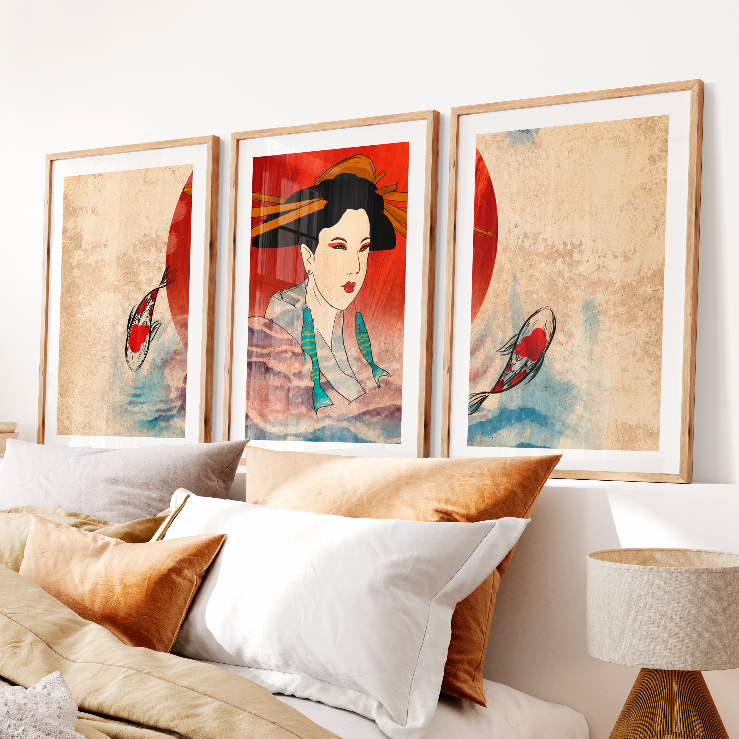 Elegant Japanese Koi Art Prints Featuring Koi Fish and Pagoda- Natural Wood Framed Poster with White Border - Artworksets