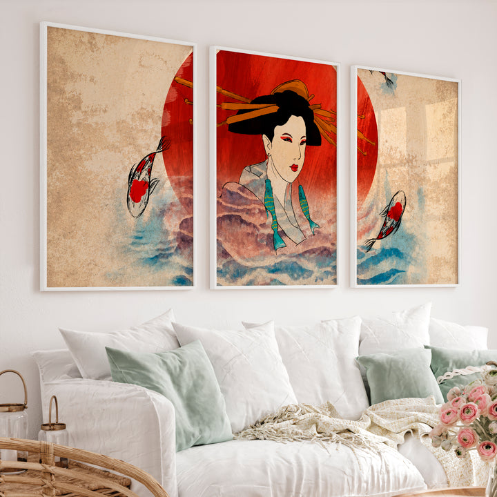 Elegant Japanese Koi Art Prints Featuring Koi Fish and Pagoda - White Framed Poster No Border - Artworksets