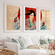 Elegant Japanese Koi Art Prints Featuring Koi Fish and Pagoda - White Framed Poster with White Border - Artworksets