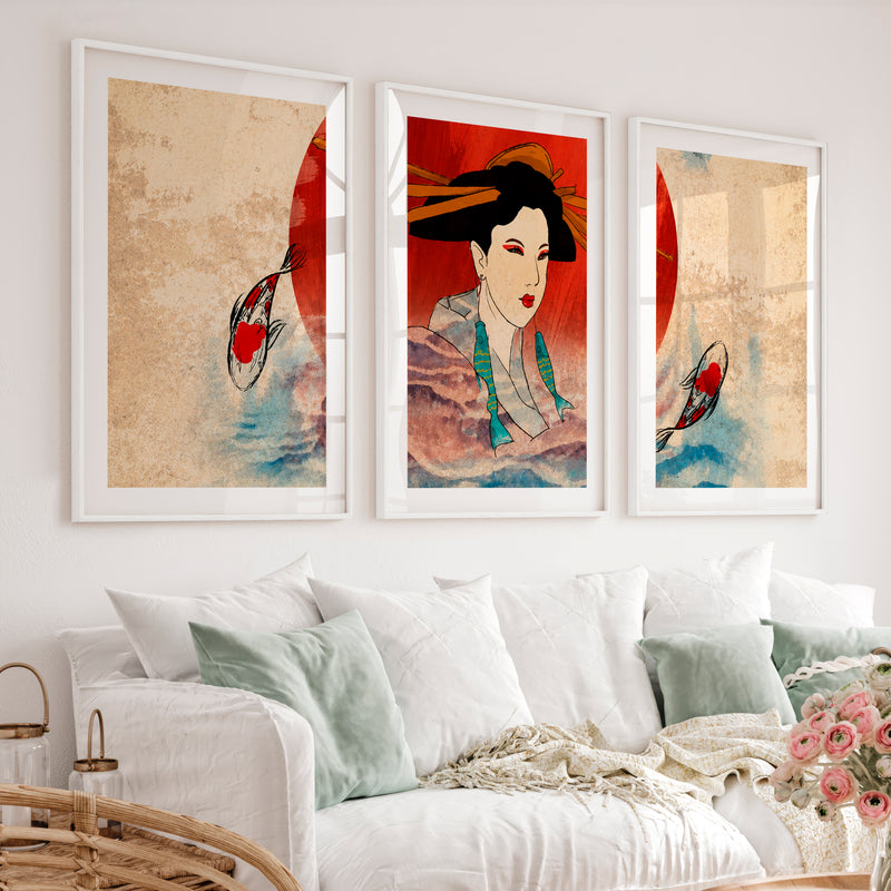 Elegant Japanese Koi Art Prints Featuring Koi Fish and Pagoda - White Framed Poster with White Border - Artworksets