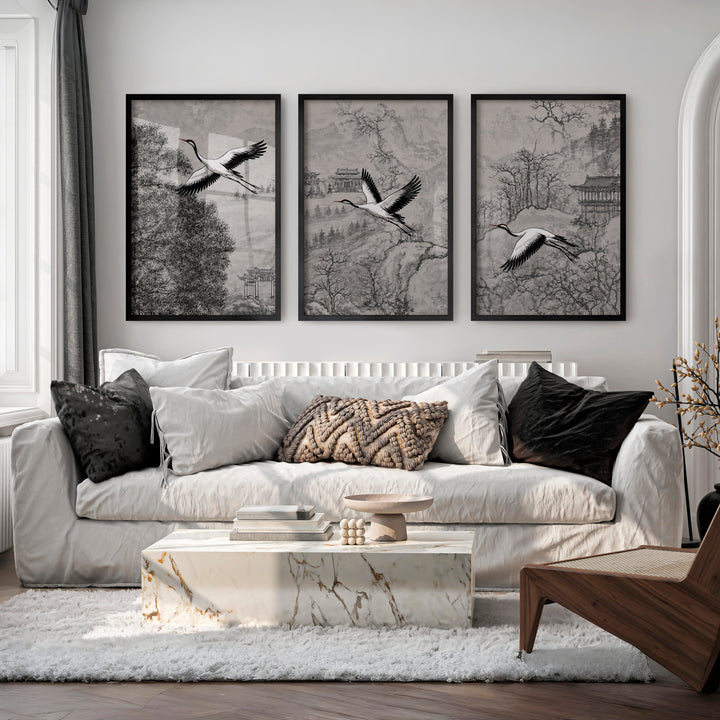 Misty Japanese Landscape Art with Cherry Blossom and Mountain - Black Framed Poster No Border - Artworksets