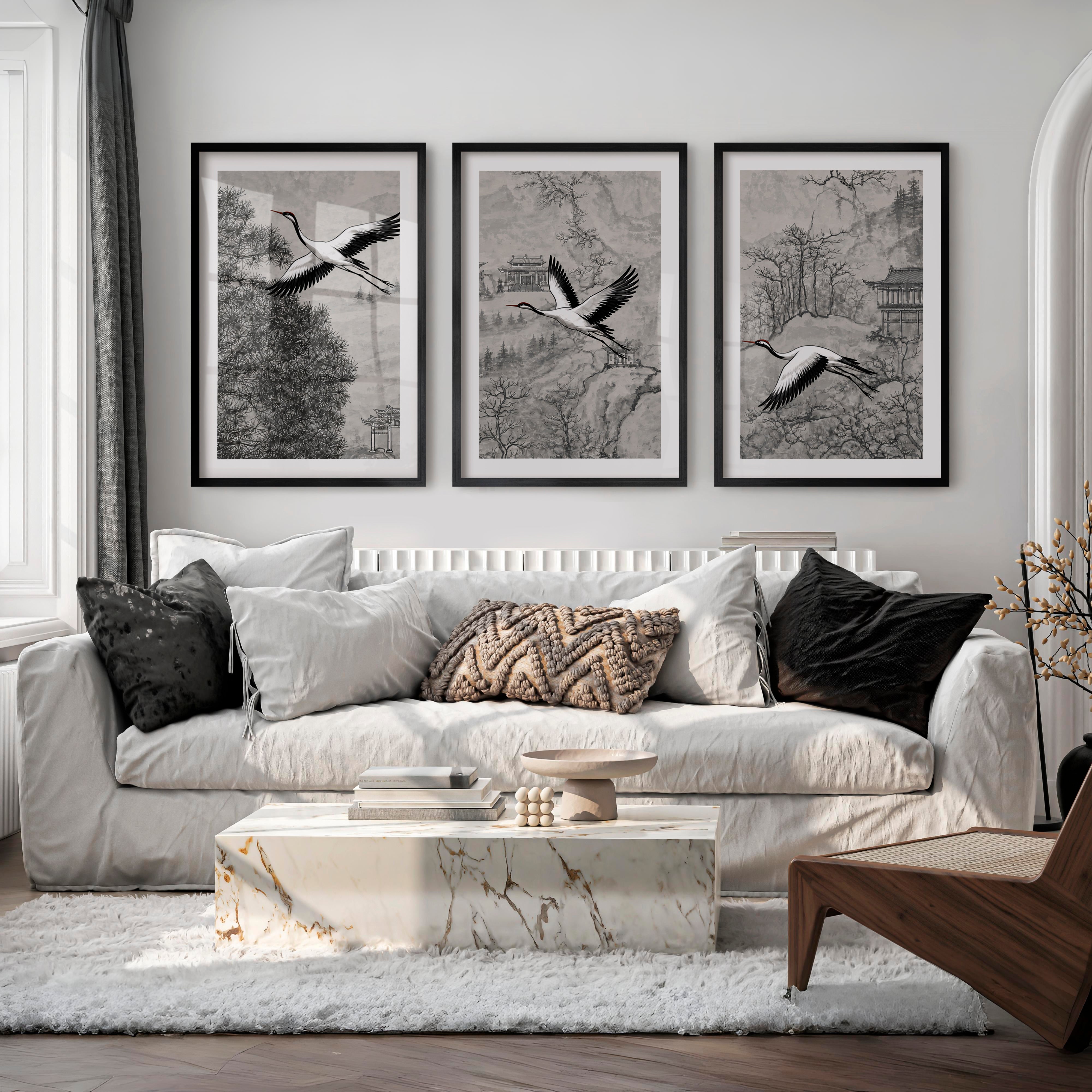 Misty Japanese Landscape Art with Cherry Blossom and Mountain - Black Framed Poster with White Border - Artworksets