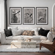 Misty Japanese Landscape Art with Cherry Blossom and Mountain - Black Framed Poster with White Border - Artworksets