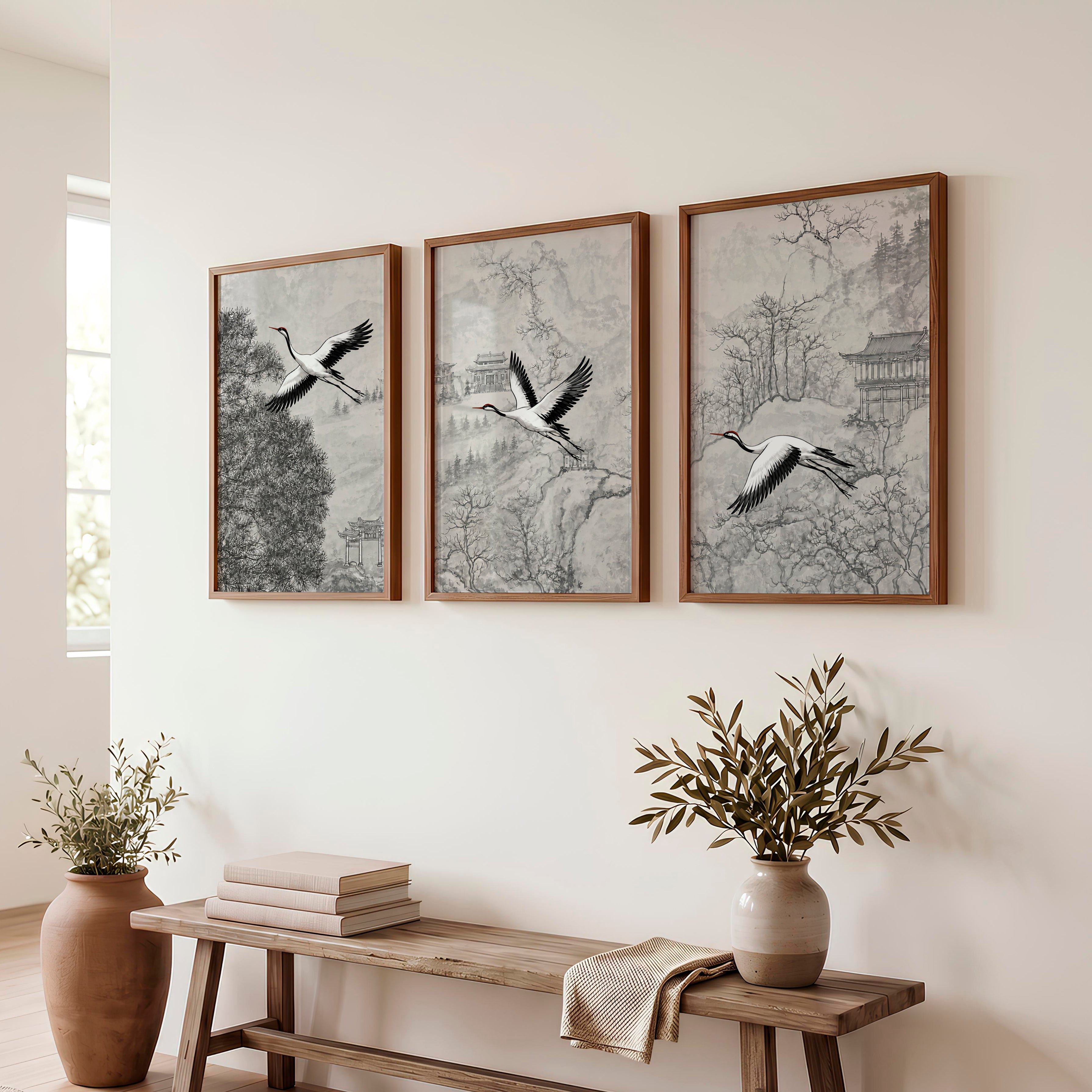 Misty Japanese Landscape Art with Cherry Blossom and Mountain - Dark Brown Framed Poster No Border - Artworksets