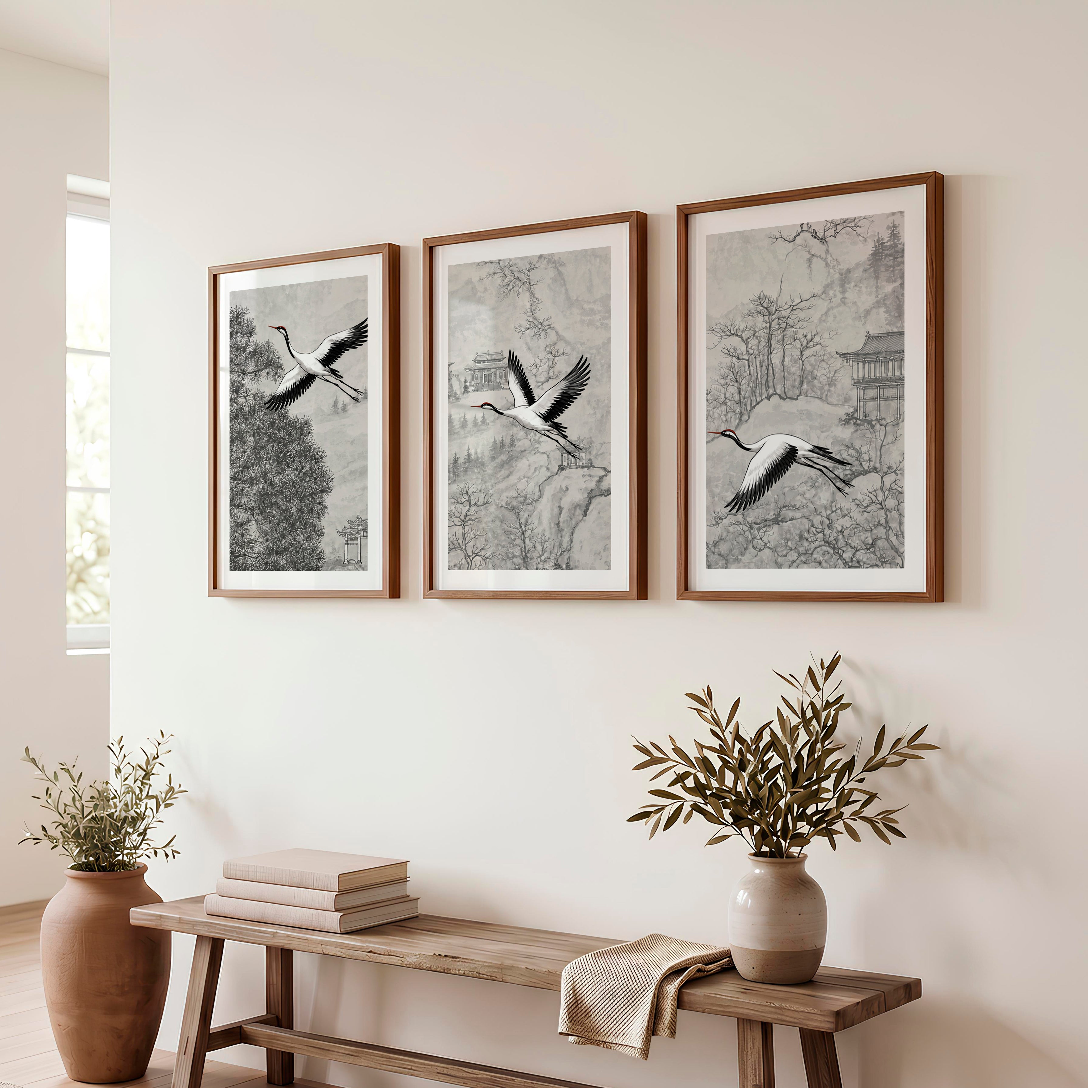 Misty Japanese Landscape Art with Cherry Blossom and Mountain - Dark Brown Framed Poster with White Border - Artworksets