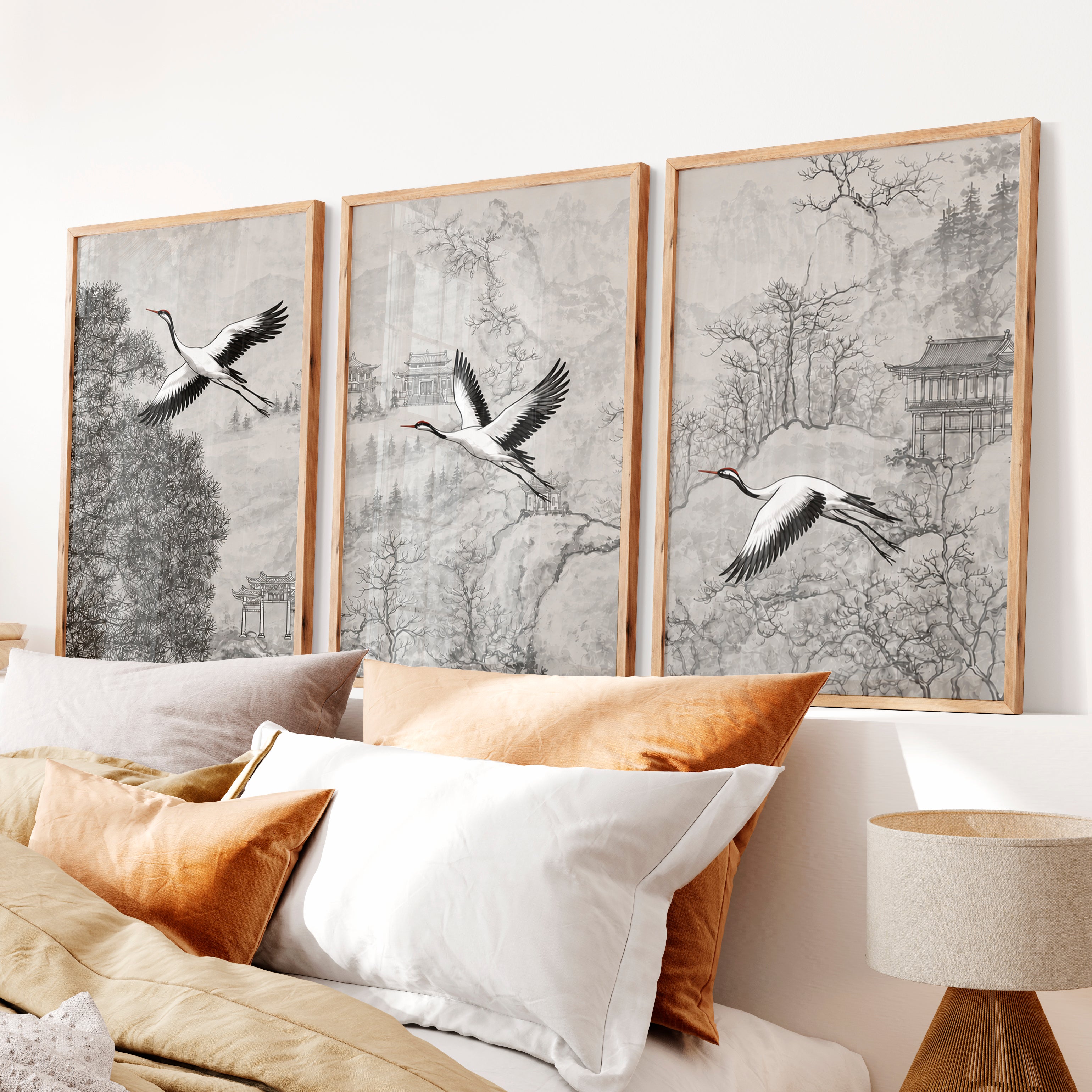 Misty Japanese Landscape Art with Cherry Blossom and Mountain - Natural Wood Framed Poster No Border - Artworksets